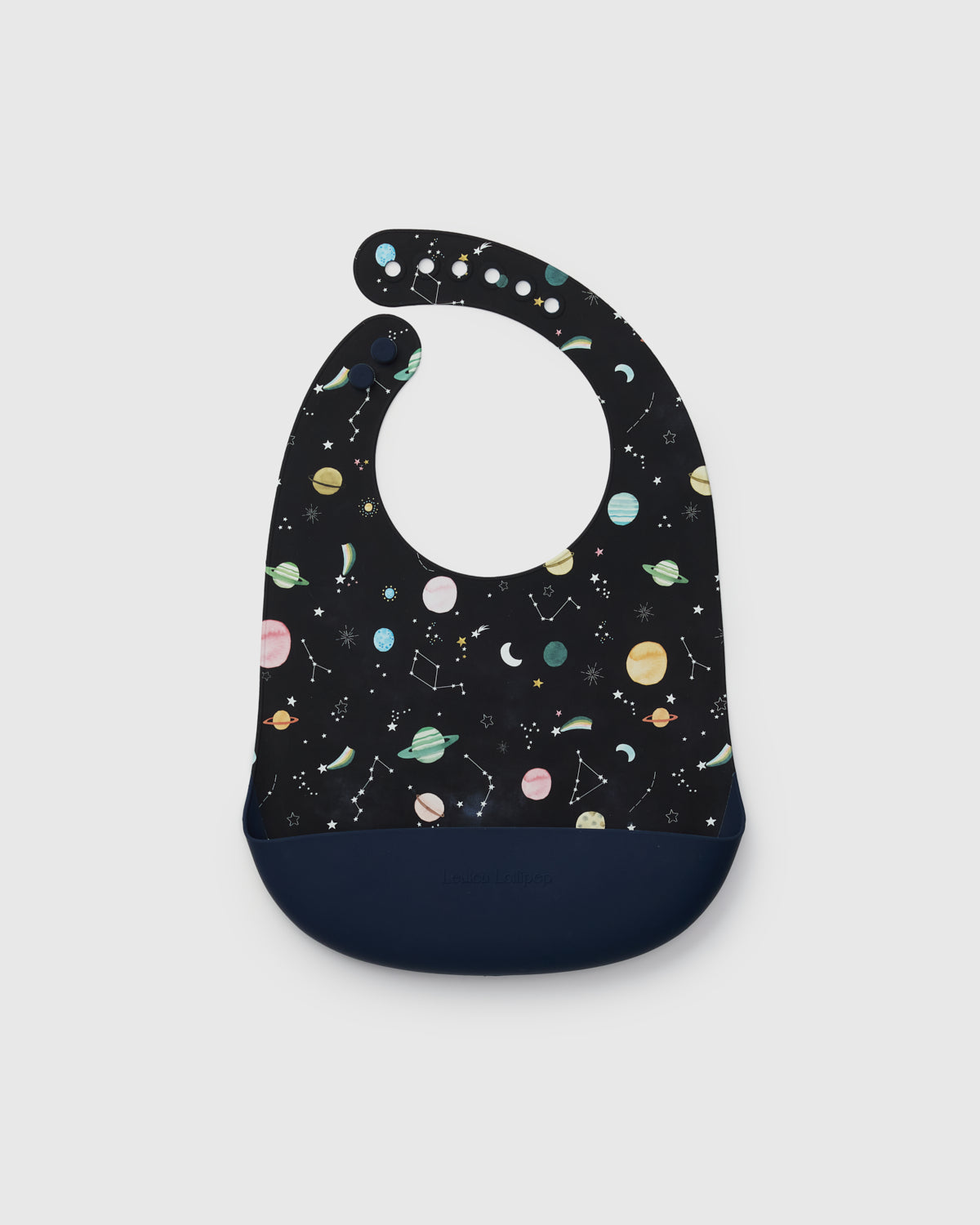 Loulou Lollipop FDA-compliant food-grade silicone baby bib in Planets — front view on white background