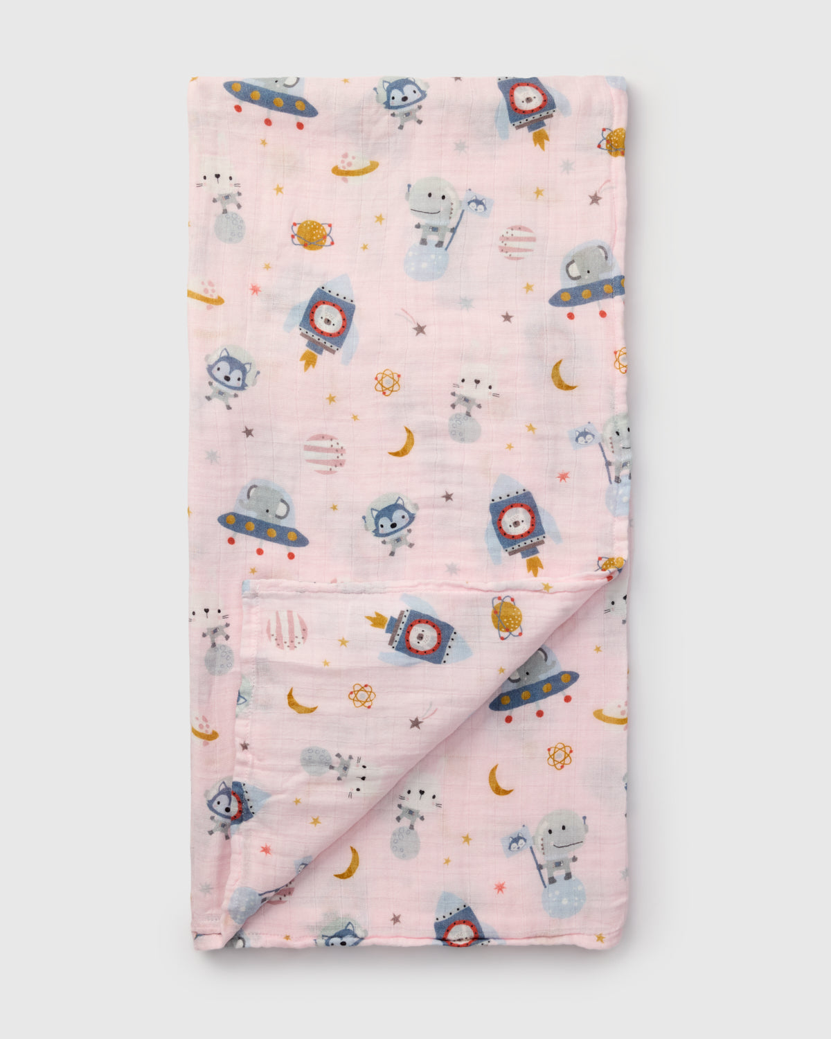 Loulou Lollipop bamboo cotton muslin swaddle blanket in Astro Explorers — front view on white background