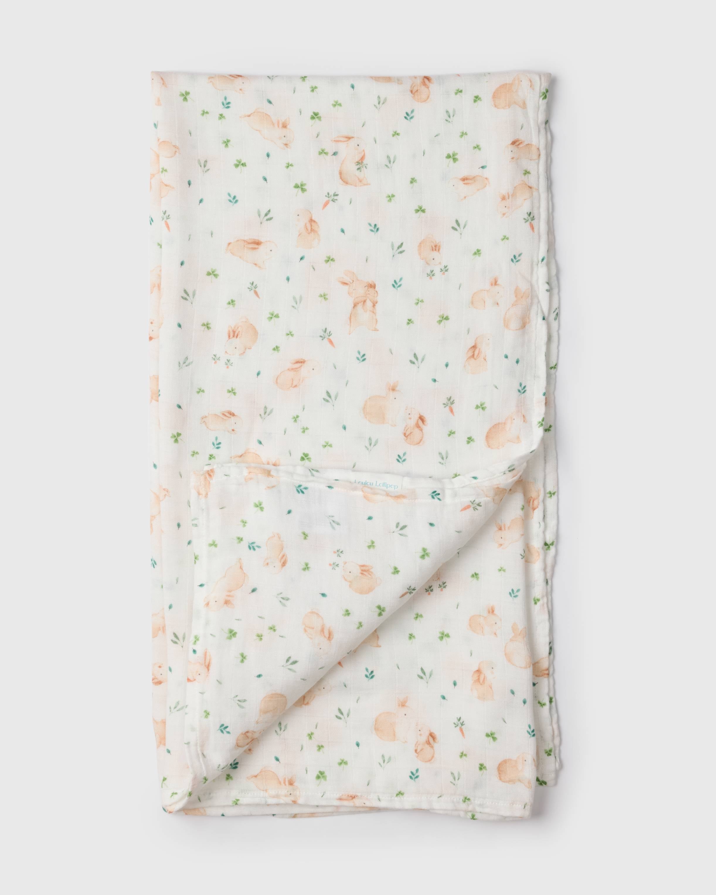 Loulou Lollipop bamboo cotton muslin swaddle blanket in Bunny Meadow — front view on white background