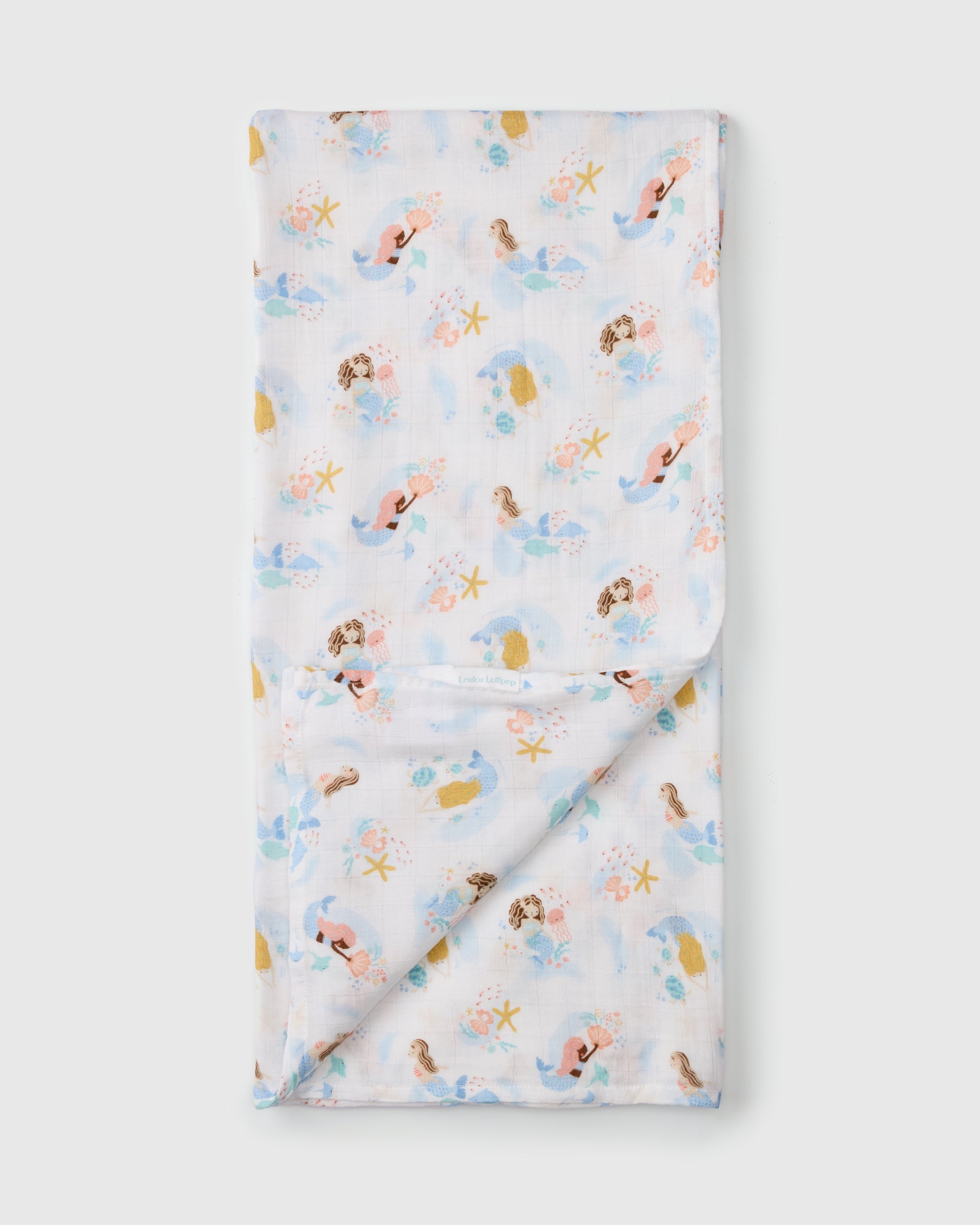 Loulou Lollipop bamboo cotton muslin swaddle blanket in Mermaids — front view on white background