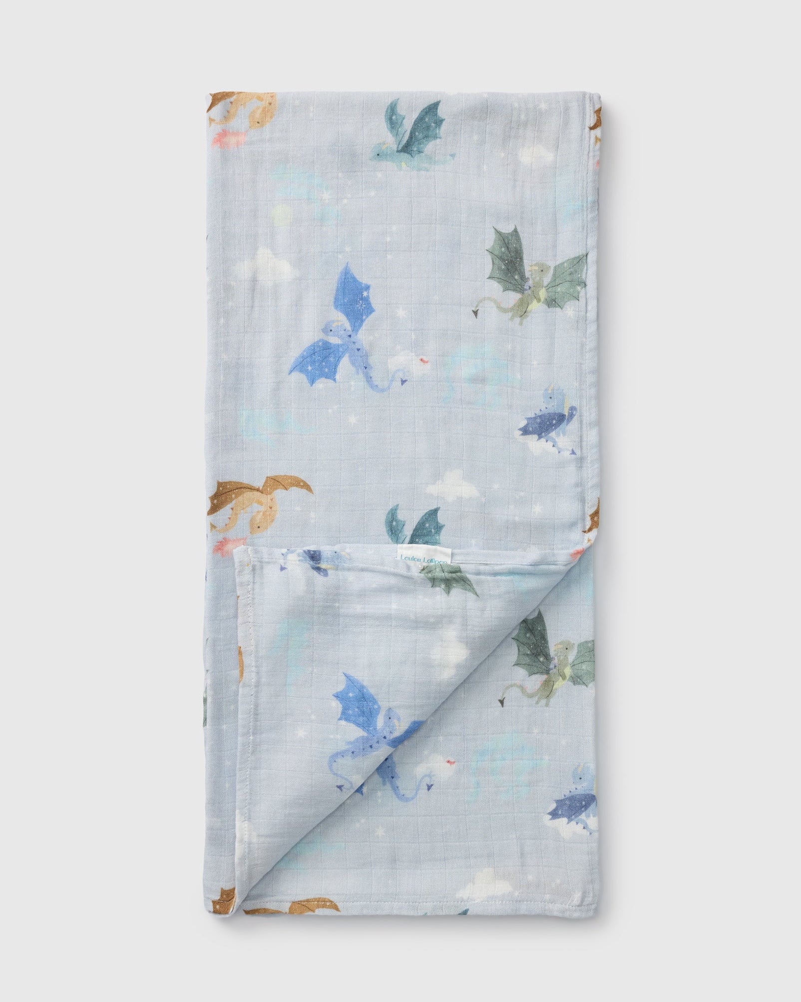 Loulou Lollipop bamboo cotton muslin swaddle blanket in Magical Dragons — front view on white background
