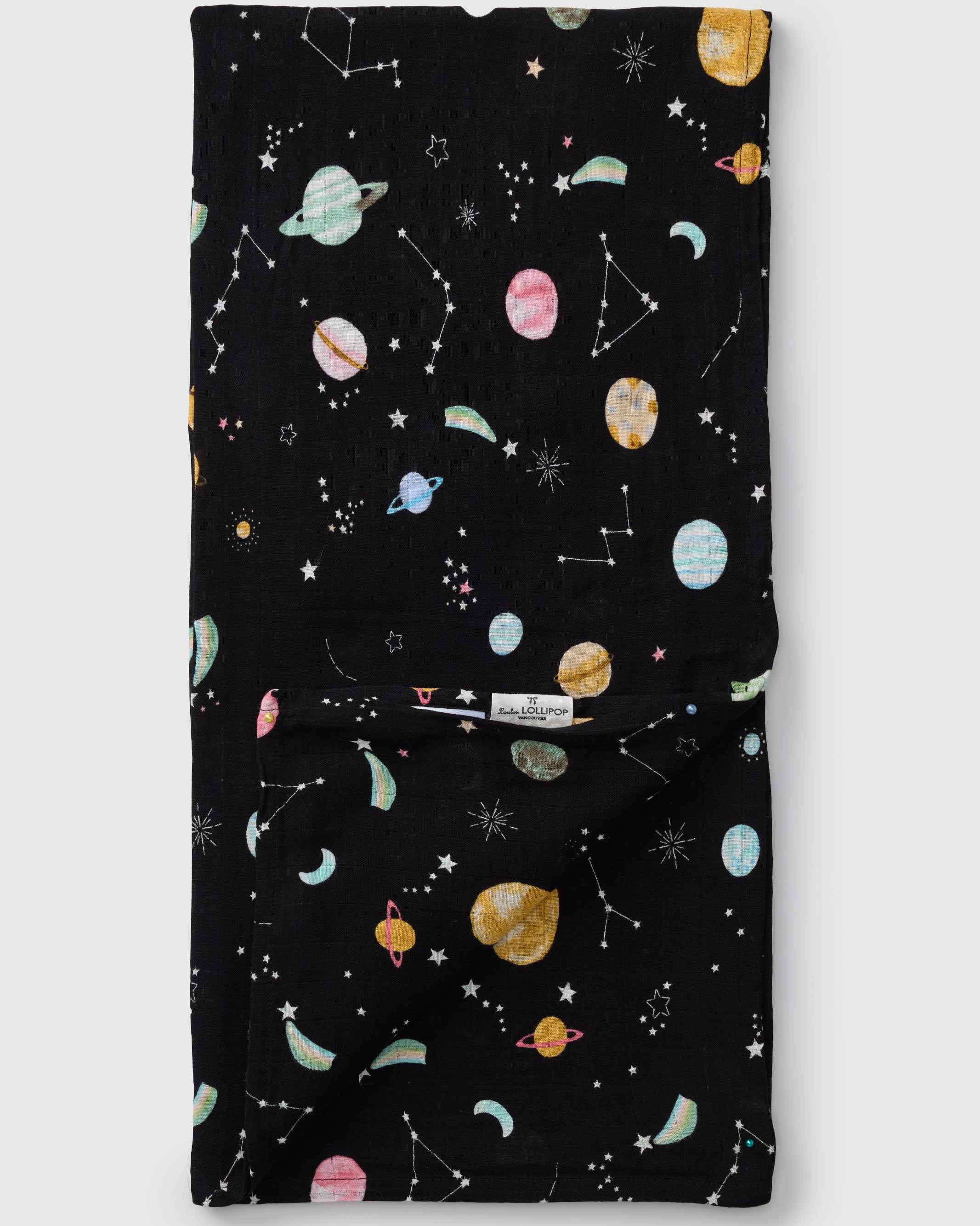 Loulou Lollipop bamboo cotton muslin swaddle blanket in Planets — front view on white background