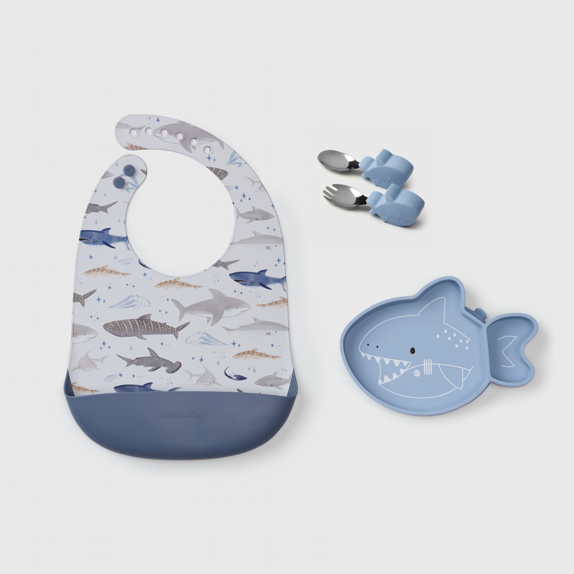 Loulou Lollipop Baby Learning & Feeding Bundle in Smiley Sharks — front view on white background