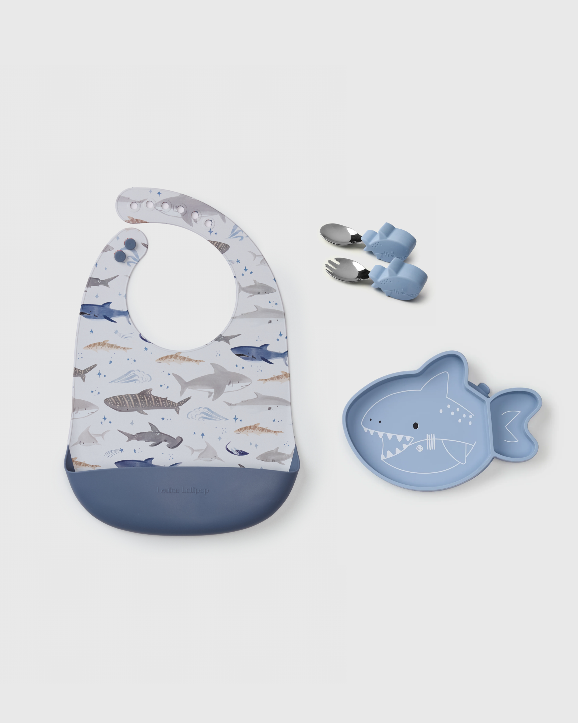 Loulou Lollipop Baby Learning & Feeding Bundle in Smiley Sharks — front view on white background