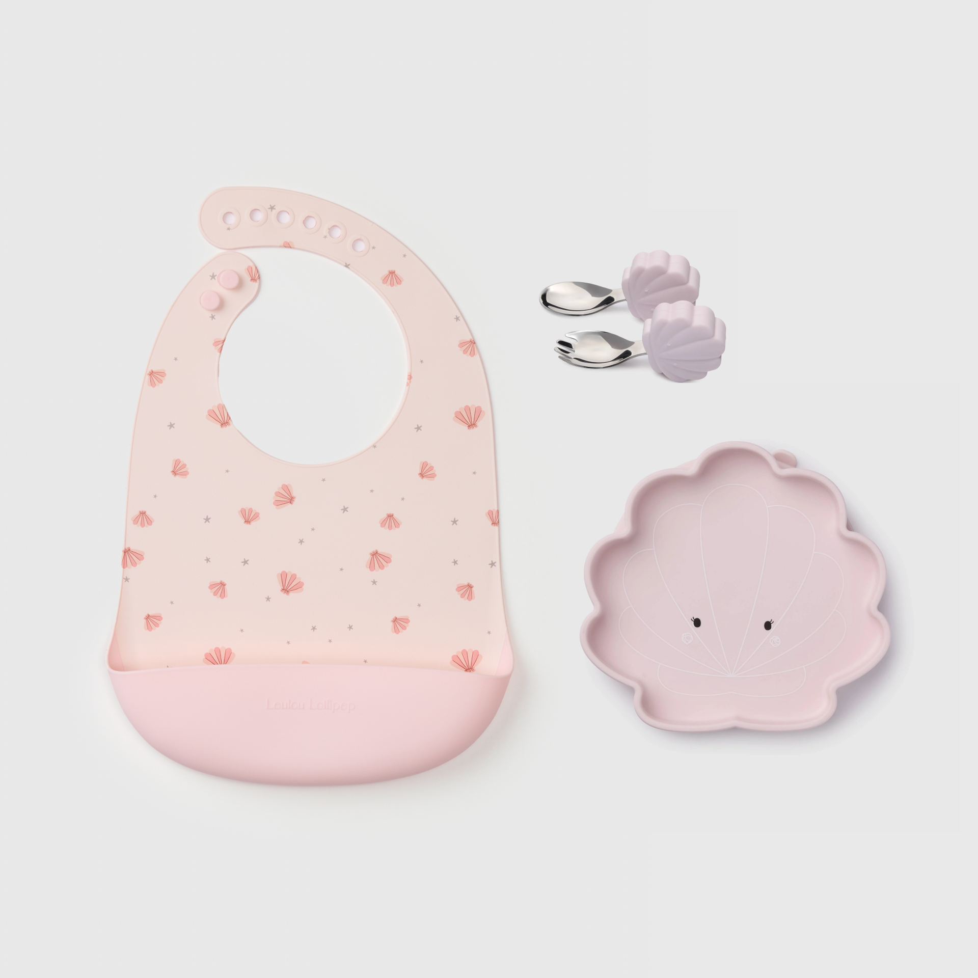 Loulou Lollipop Baby Learning & Feeding Bundle in Seashells — front view on white background