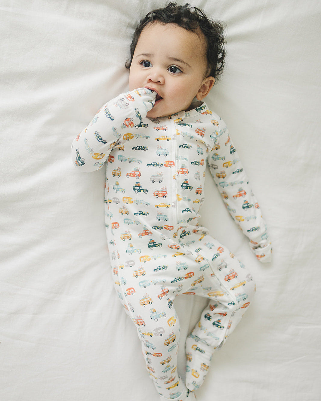 Loulou Lollipop TENCEL baby sleeper footie pajamas in Camper Vans — front view on white background