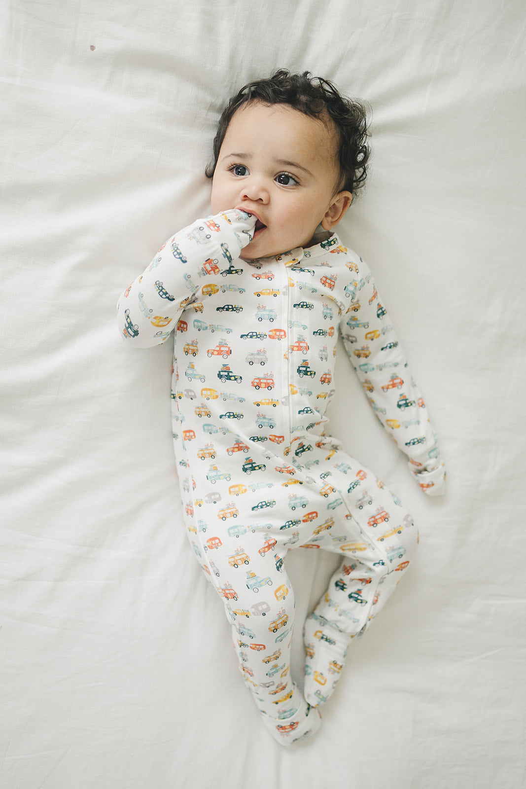 Loulou Lollipop TENCEL baby sleeper footie pajamas in Camper Vans — front view on white background
