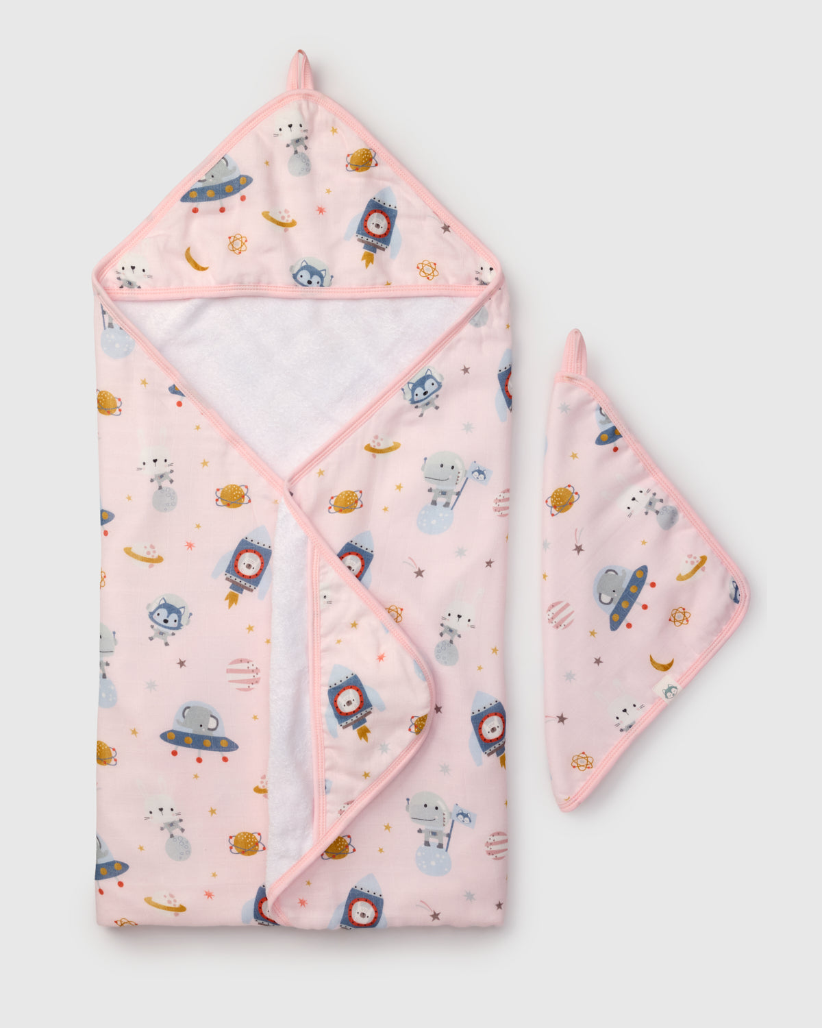 Loulou Lollipop hooded baby towel set in Astro Explorers — front view on white background