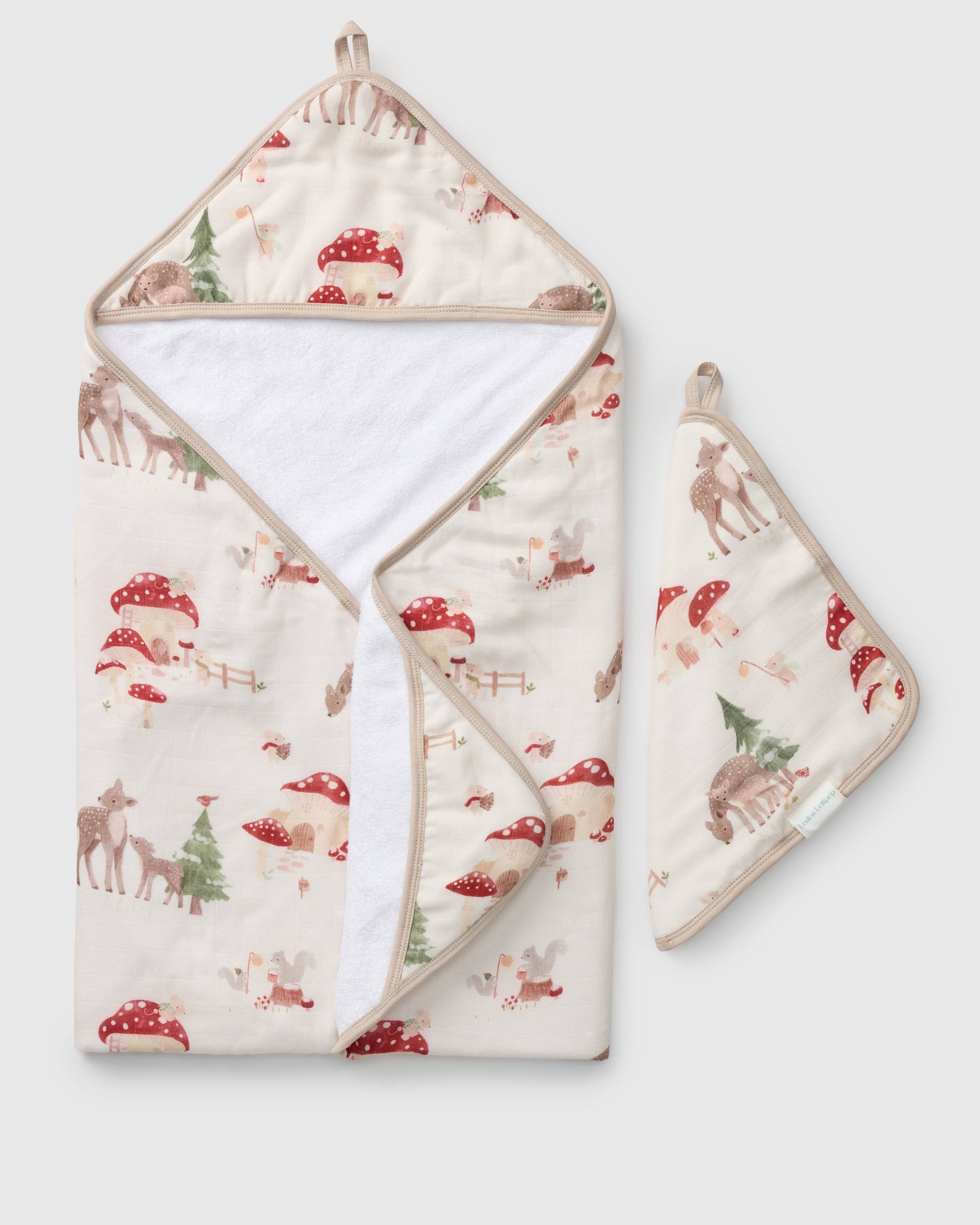 Loulou Lollipop hooded baby towel set in Forest Families — front view on white background