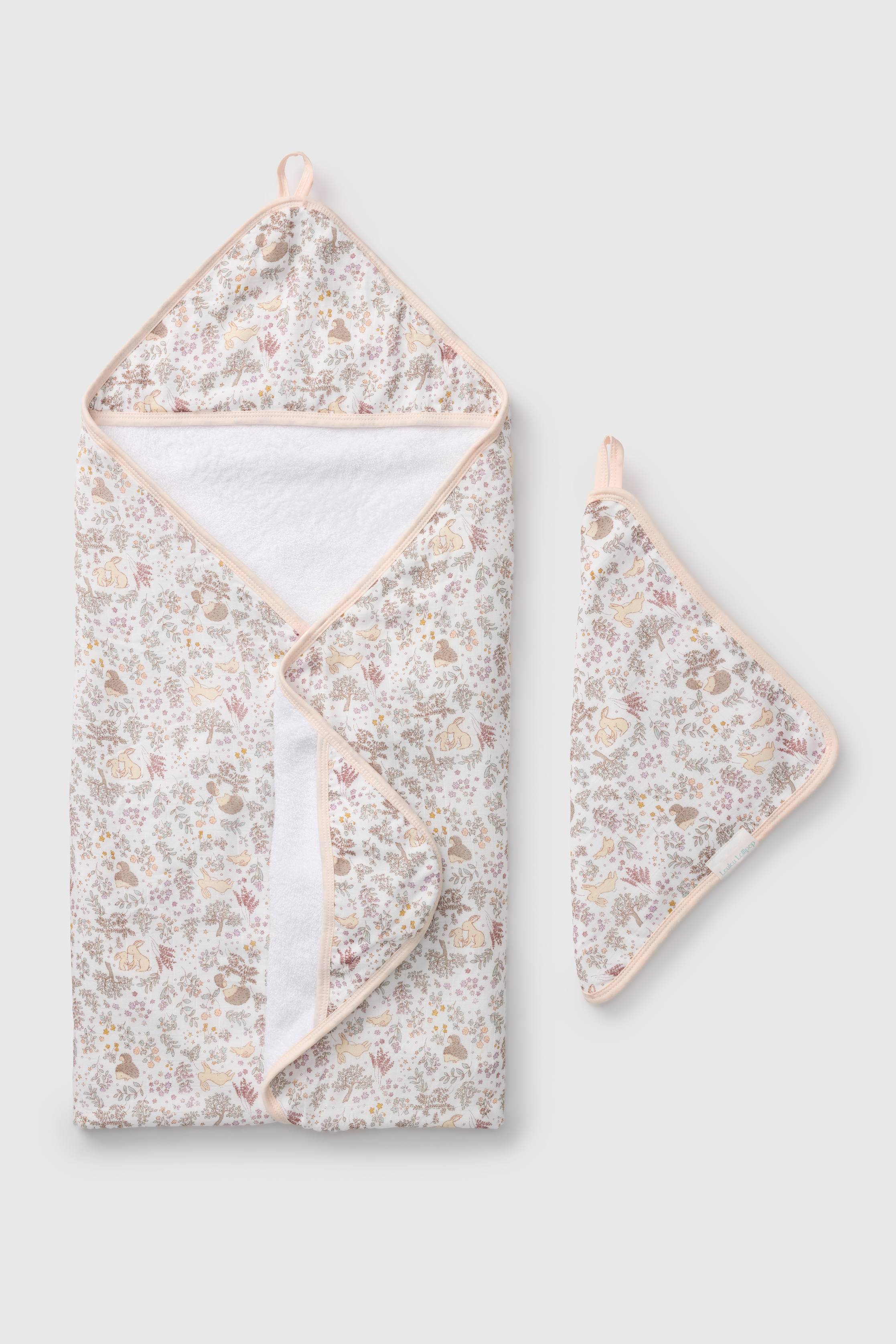 Loulou Lollipop hooded baby towel set in Hedgehog Forest — front view on white background