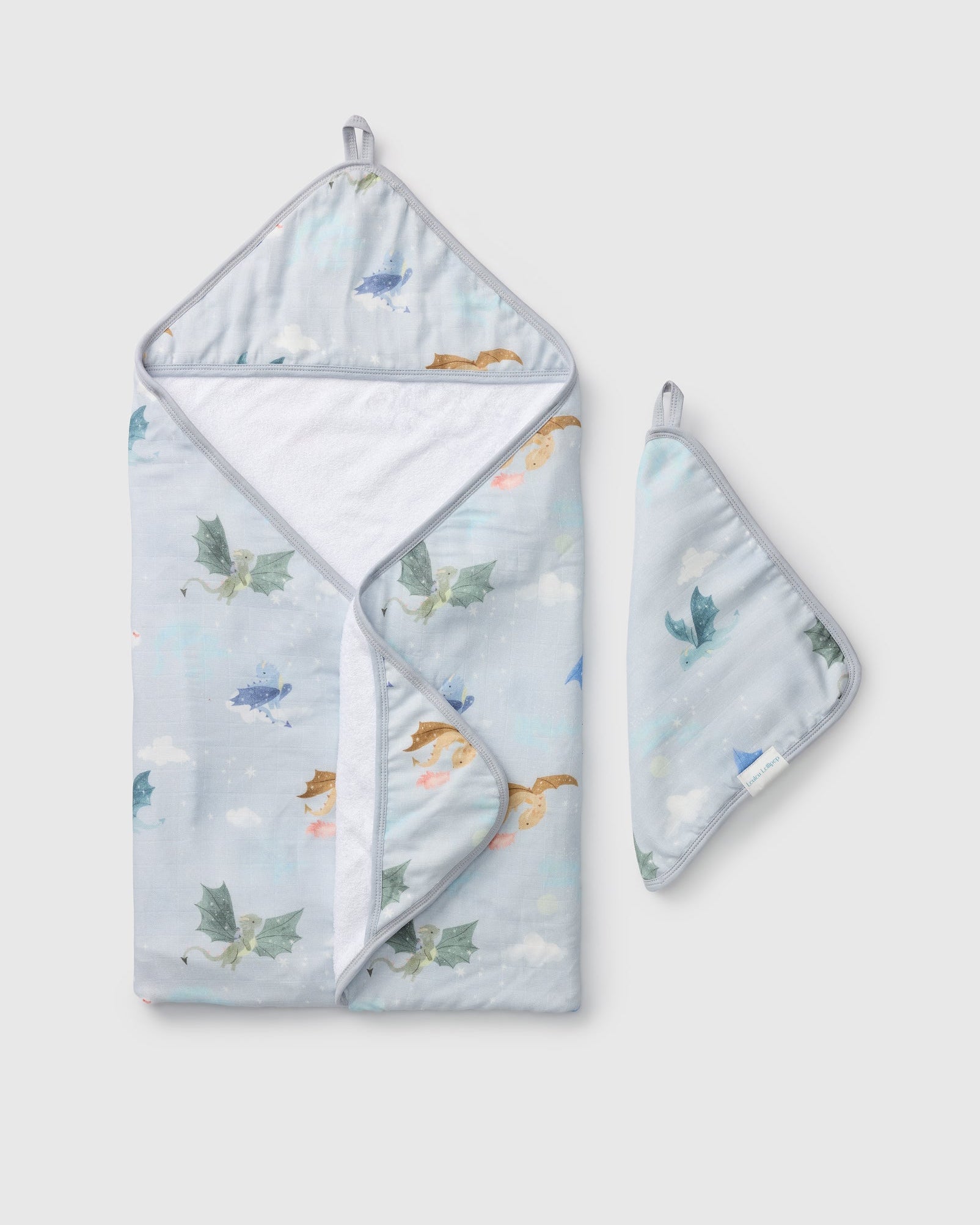 Loulou Lollipop hooded baby towel set in Magical Dragons — front view on white background
