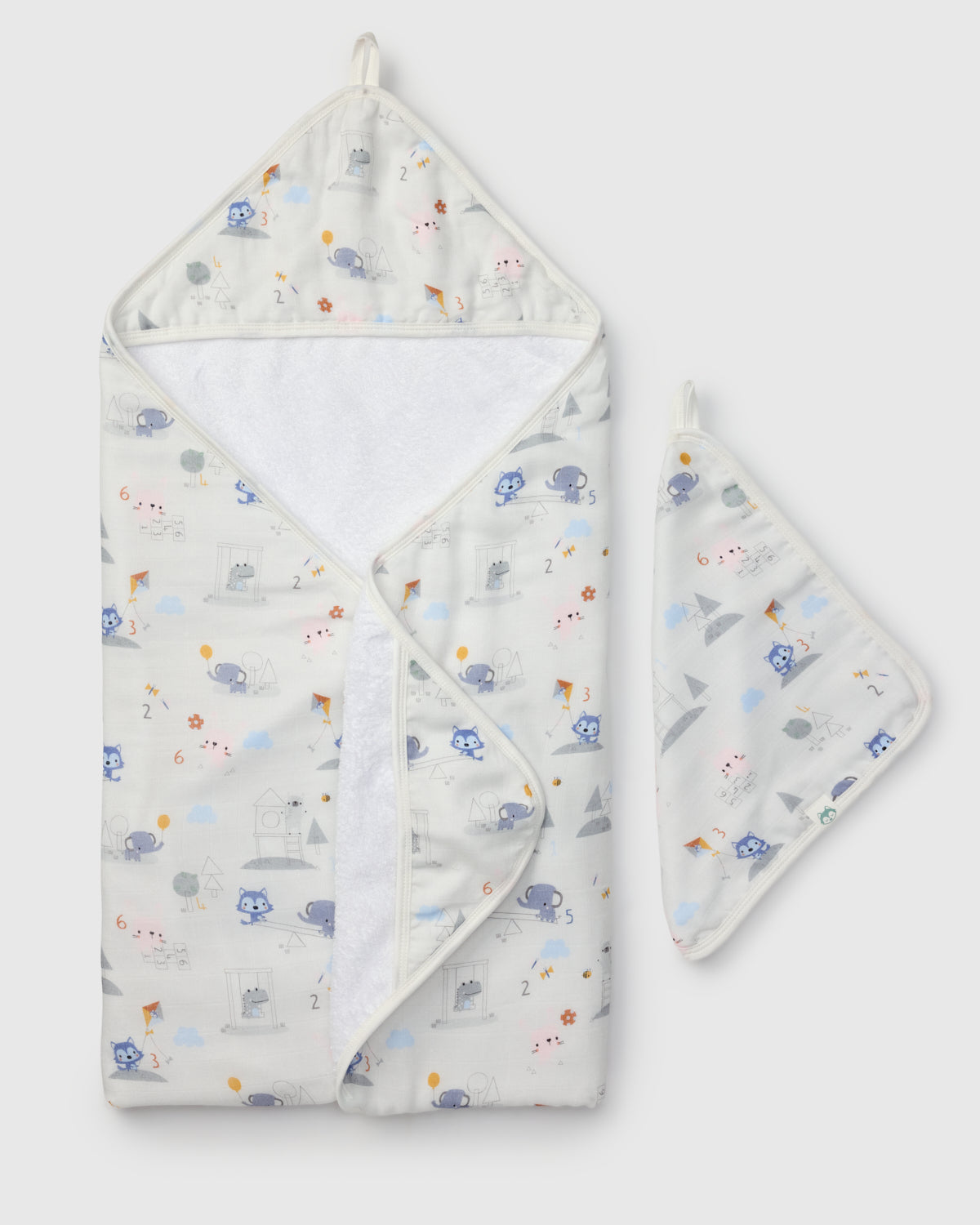 Loulou Lollipop hooded baby towel set in Mini Mathletes — front view on white background