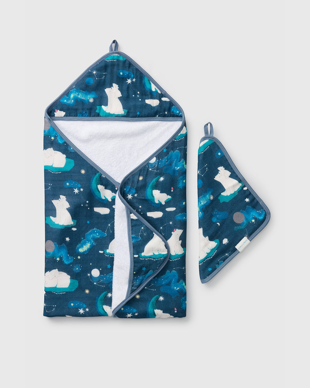 Loulou Lollipop hooded baby towel set in Stargazing Bears — front view on white background
