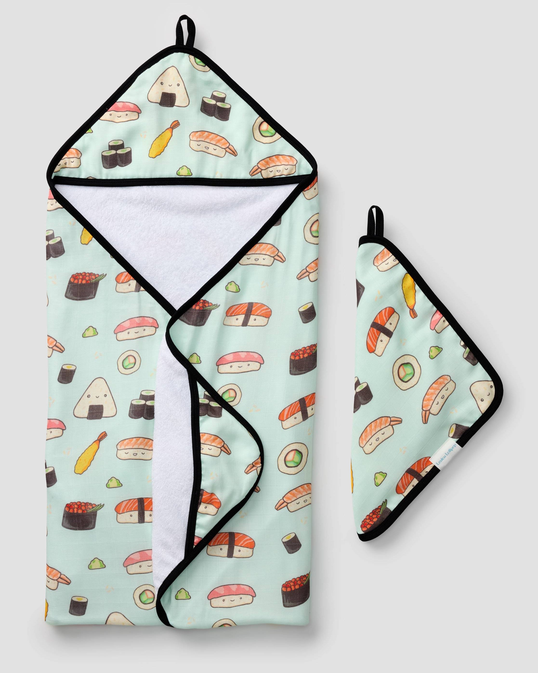 Loulou Lollipop hooded baby towel set in Sushi — front view on white background