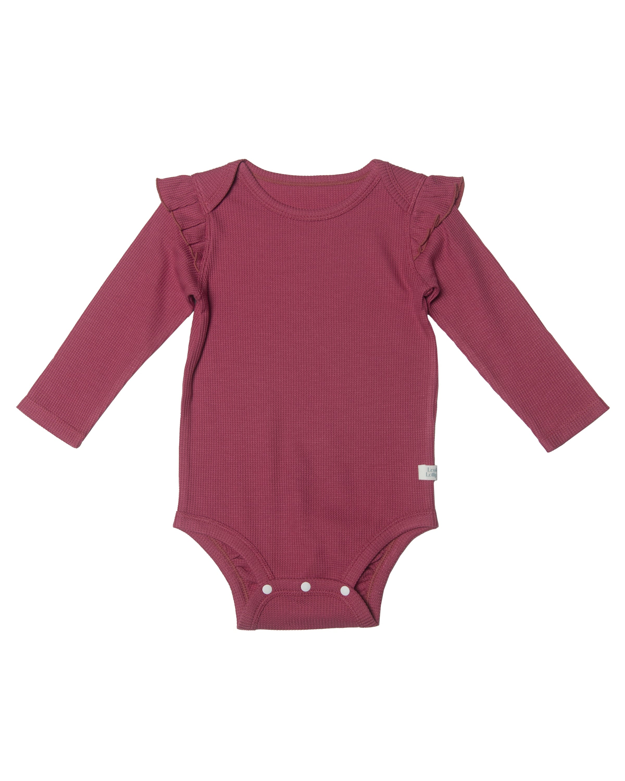 Loulou Lollipop Waffle Long Sleeve Ruffle Bodysuit in Mauvewood — front view on white background