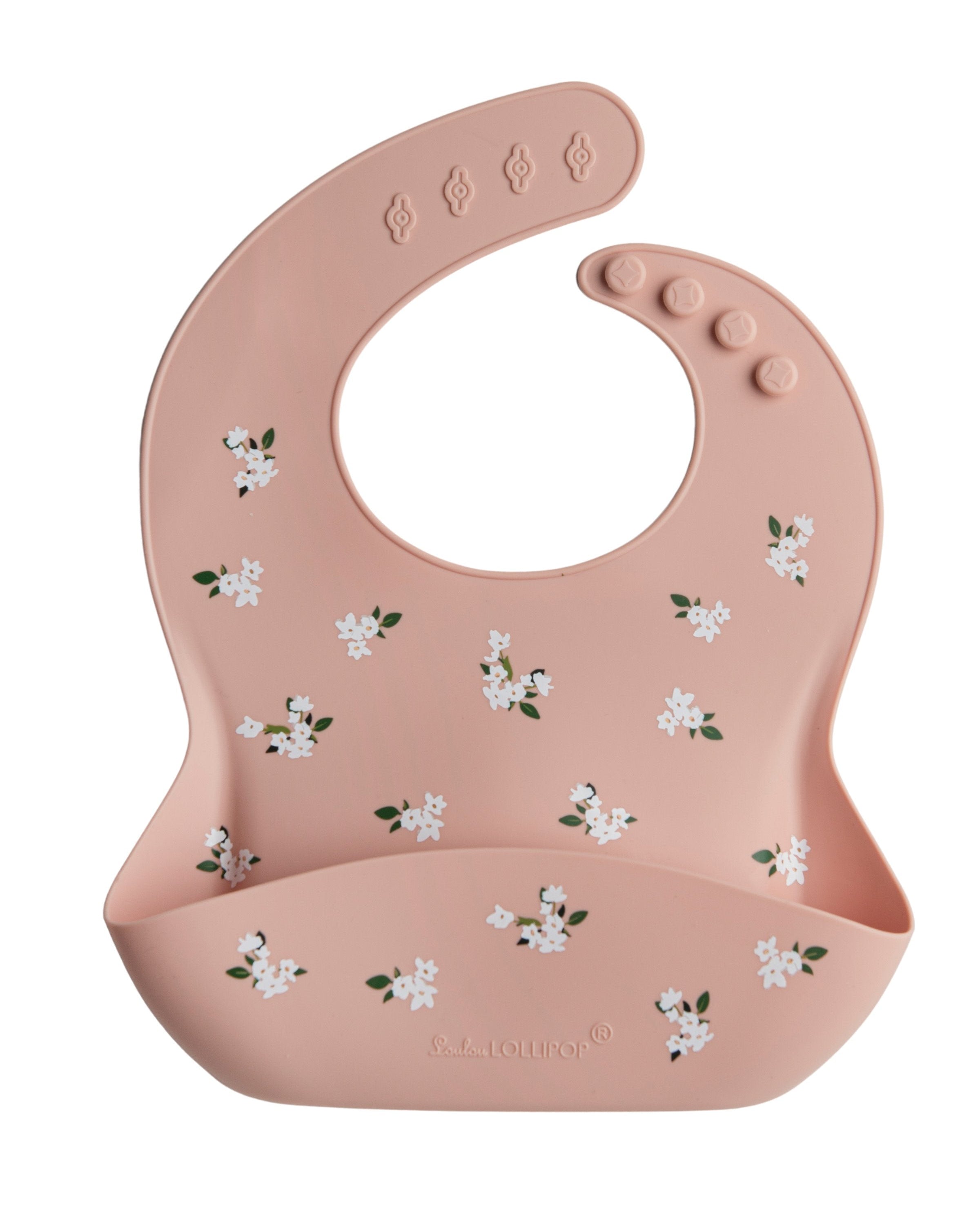 Loulou Lollipop FDA-compliant food-grade silicone baby bib in White Flower — front view on white background