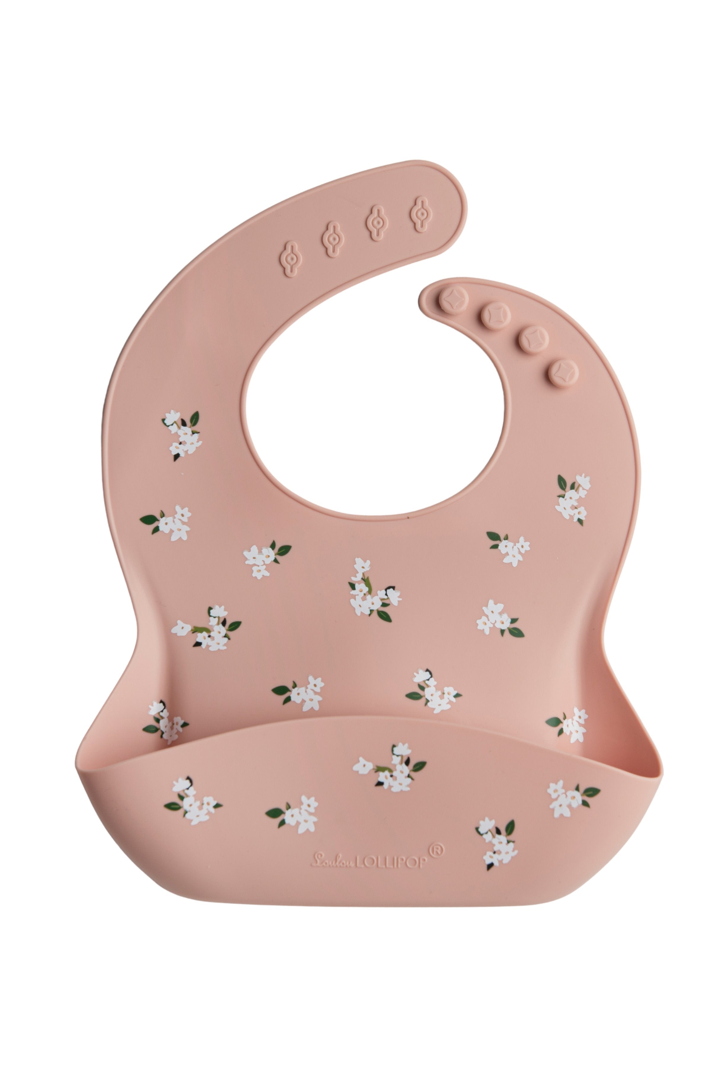 Loulou Lollipop FDA-compliant food-grade silicone baby bib in White Flower — front view on white background