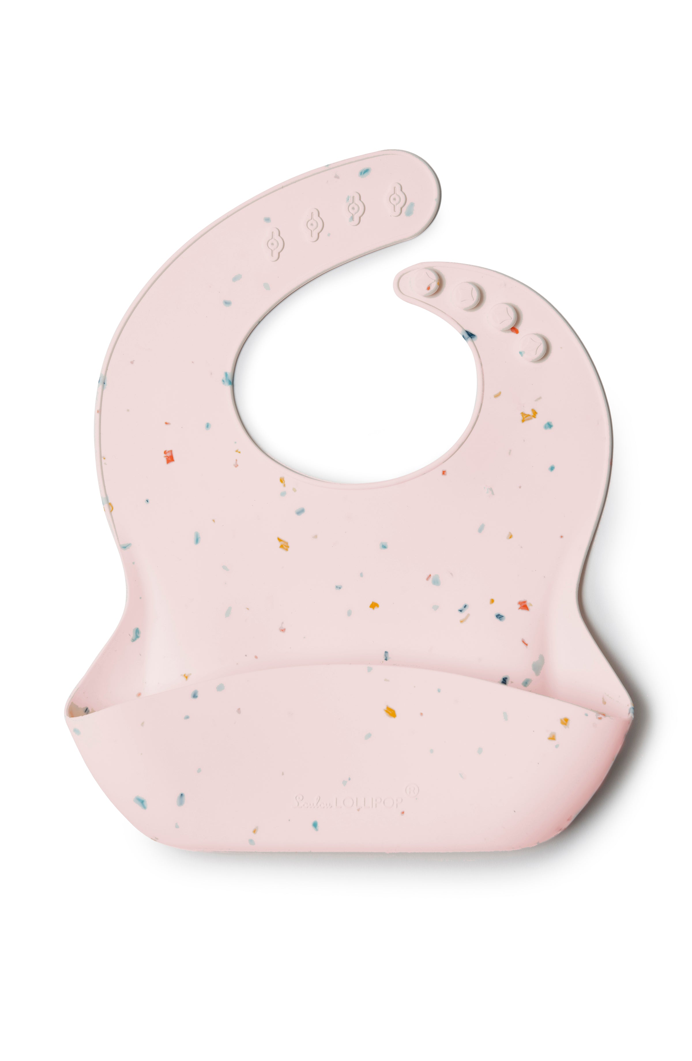 Loulou Lollipop FDA-compliant food-grade silicone baby bib in Confetti Blush — front view on white background