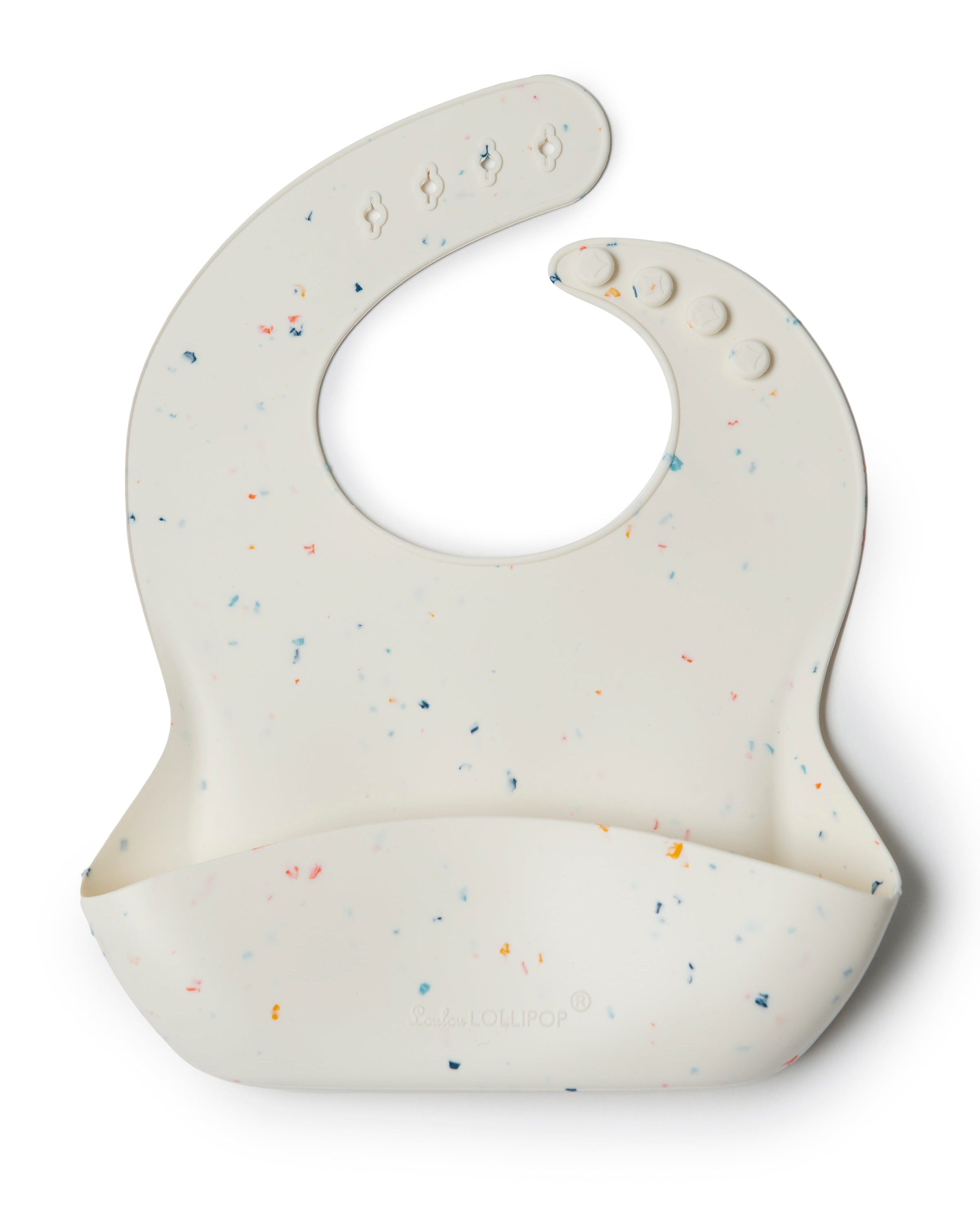 Loulou Lollipop FDA-compliant food-grade silicone baby bib in Confetti Cream — front view on white background