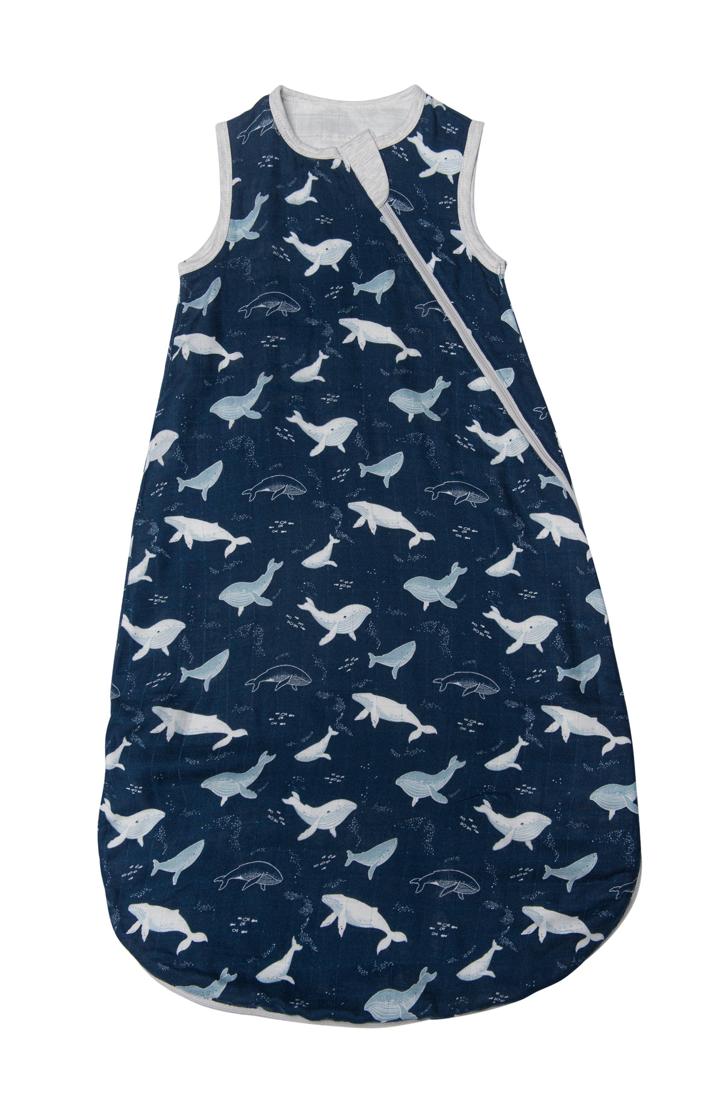 Loulou Lollipop muslin 0.5 TOG lightweight baby sleep bag in Whales — front view on white background