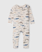 Loulou Lollipop TENCEL baby sleeper footie pajamas in Smiley Sharks — front view on white background