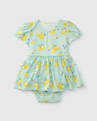 Loulou Lollipop Short Sleeve Bodysuit Dress in Lemon Squeezy — front view on white background