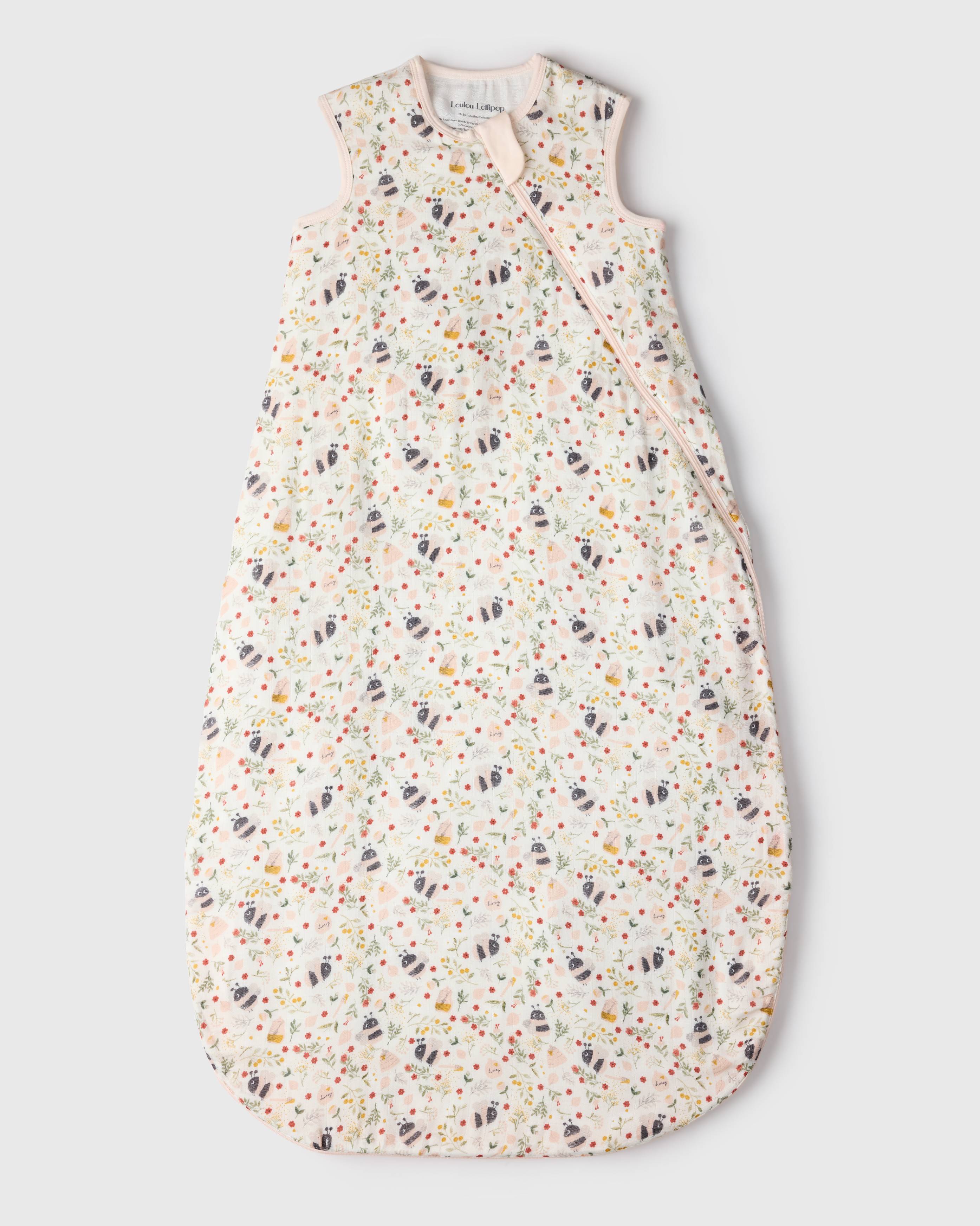 Loulou Lollipop bamboo muslin baby sleep sack 0.5 TOG in Bumble Bees — front view on white background