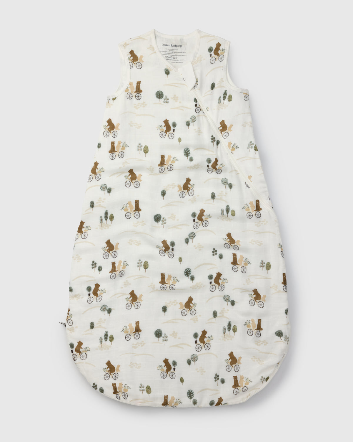 Loulou Lollipop bamboo muslin baby sleep sack 0.5 TOG in Bears on Bikes — front view on white background