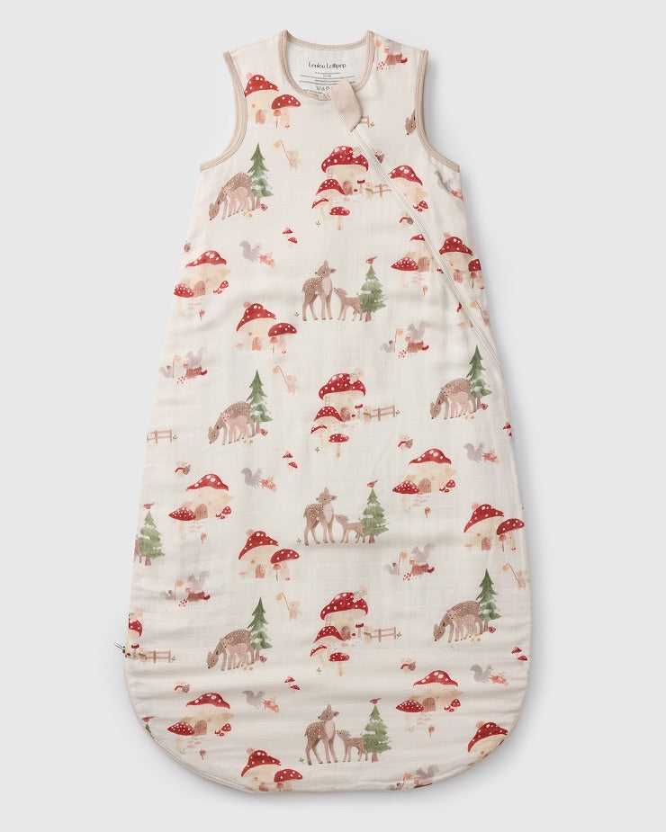Loulou Lollipop bamboo muslin baby sleep sack 0.5 TOG in Forest Families — front view on white background