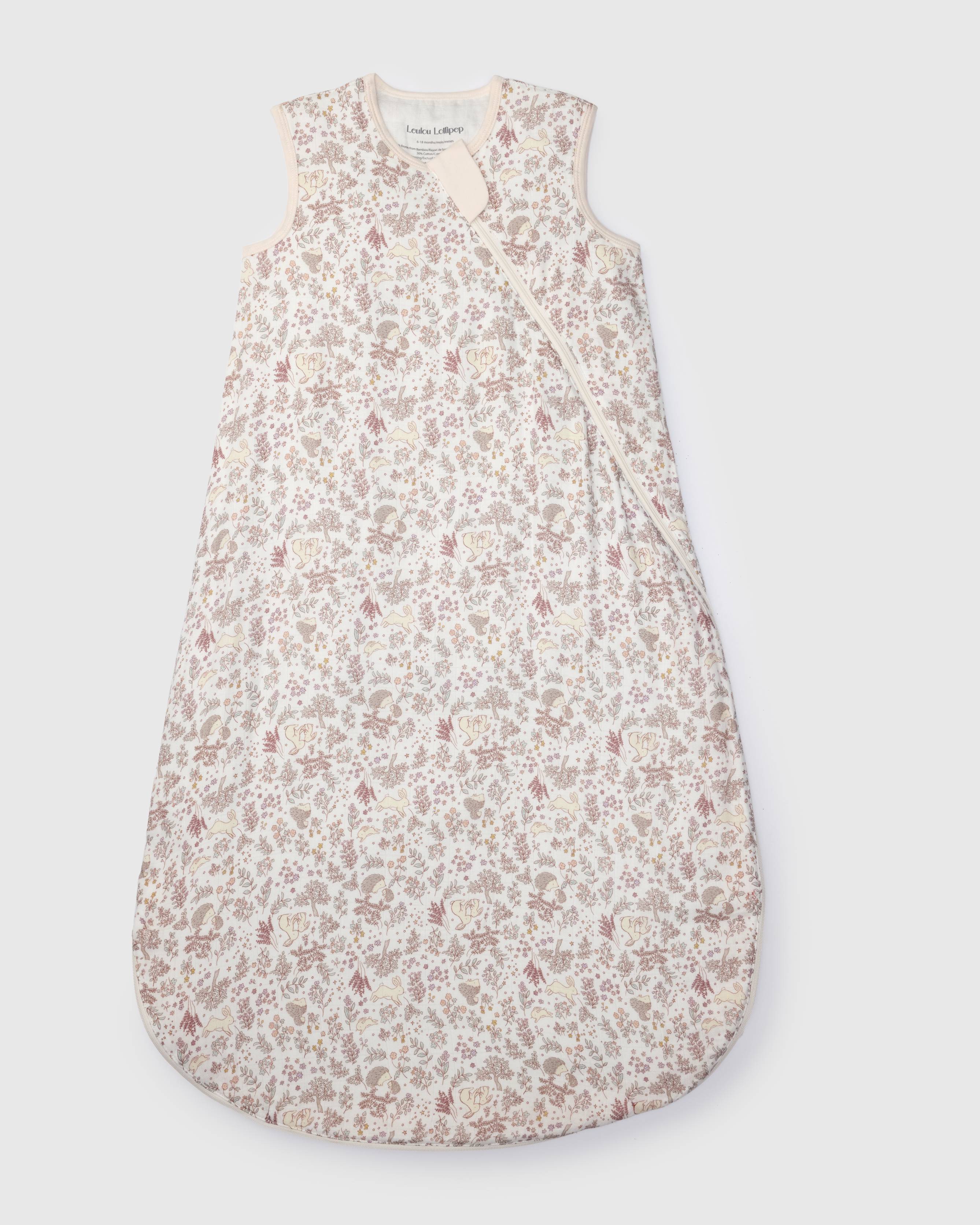 Loulou Lollipop bamboo muslin baby sleep sack 0.5 TOG in Hedgehog Forest — front view on white background