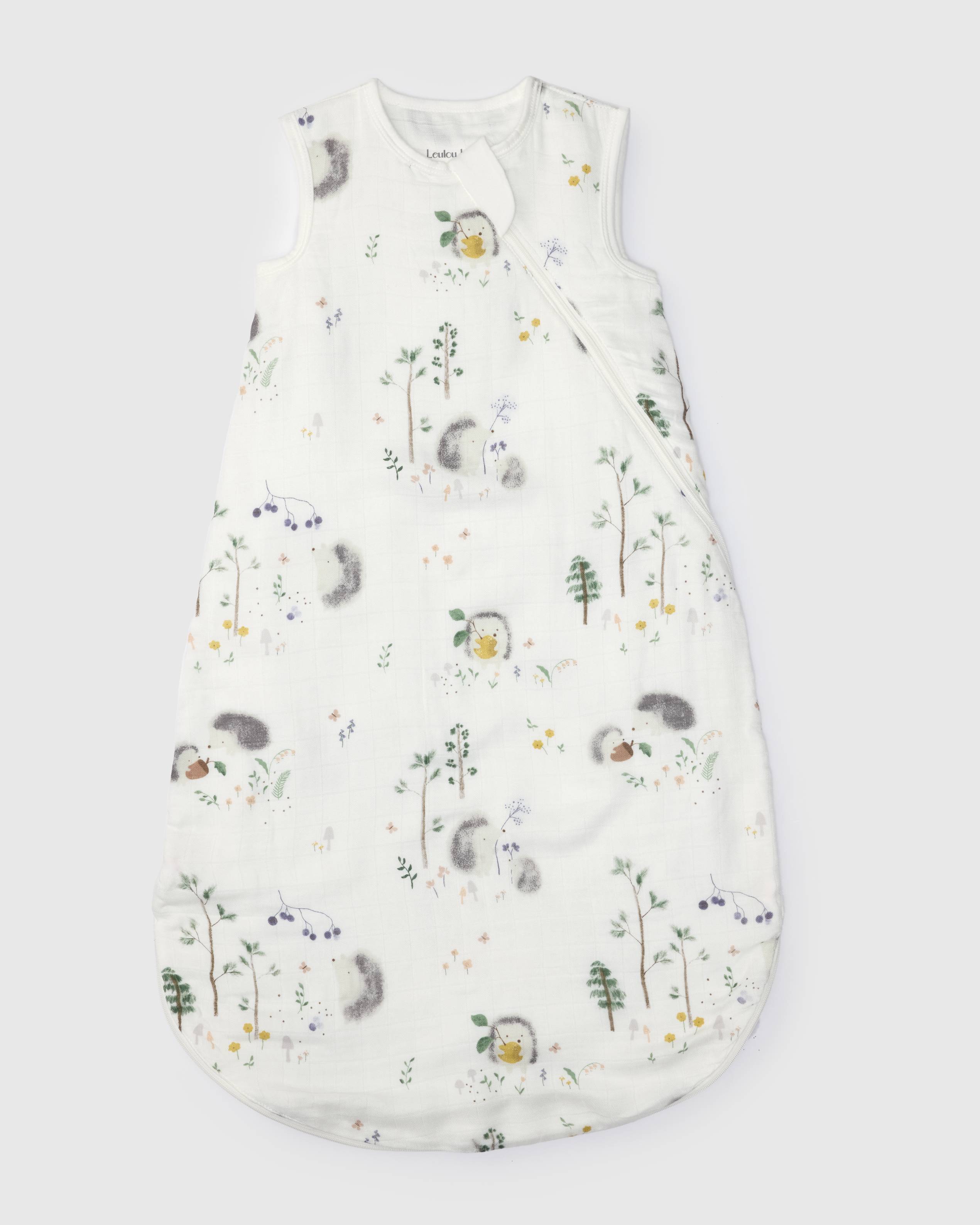 Loulou Lollipop bamboo muslin baby sleep sack 0.5 TOG in Hedgehogs — front view on white background