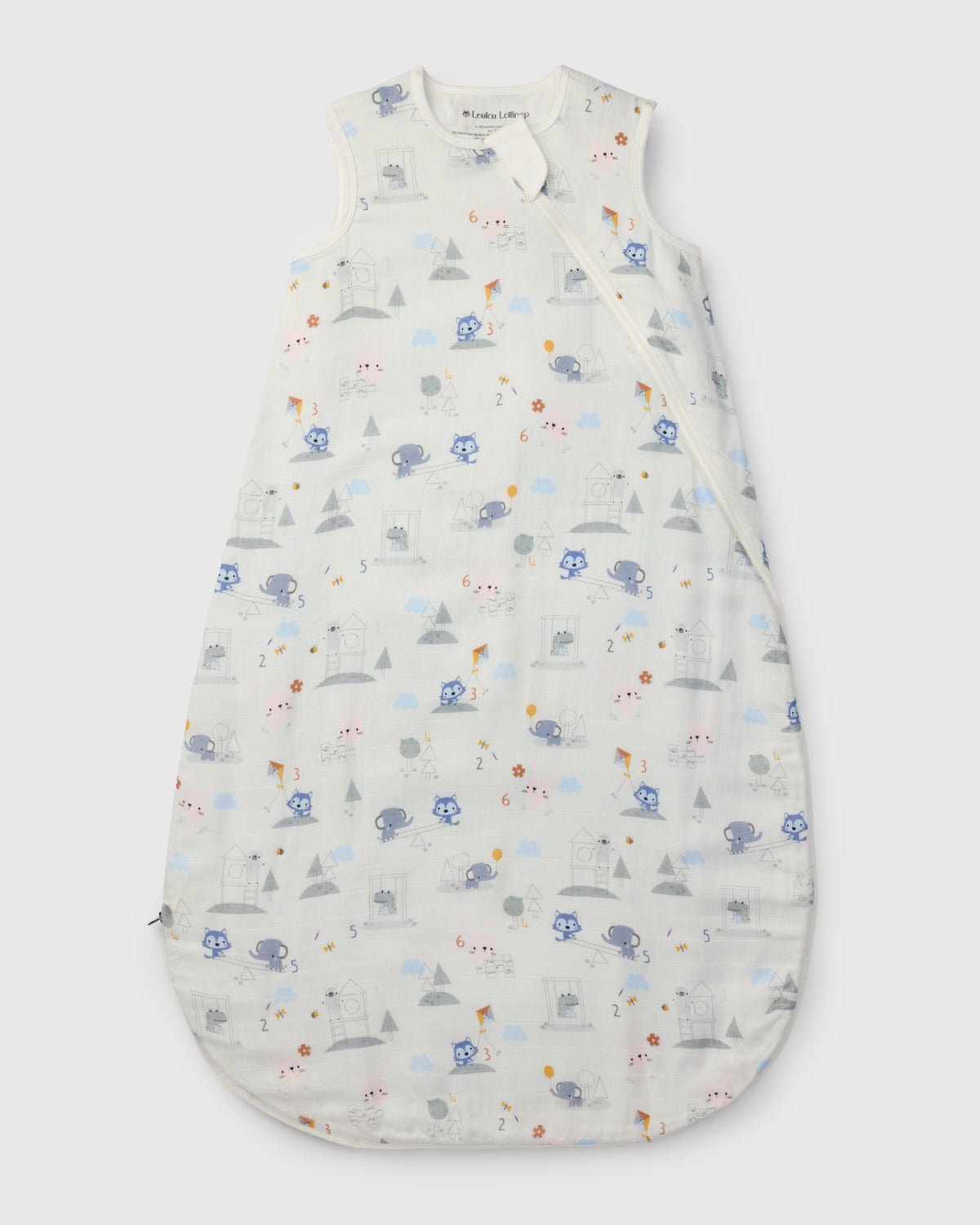 Loulou Lollipop muslin 0.5 TOG lightweight baby sleep bag in Mini Mathletes — front view on white background
