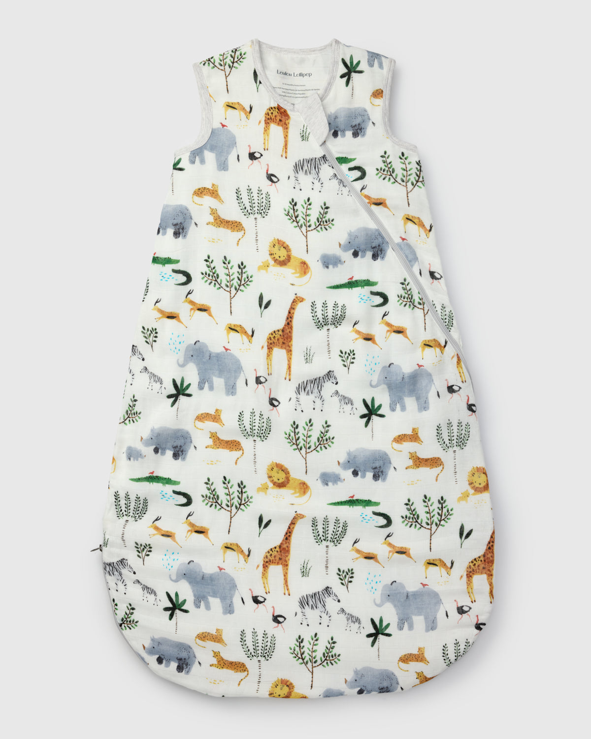 Loulou Lollipop bamboo muslin baby sleep sack 0.5 TOG in Safari Jungle — front view on white background