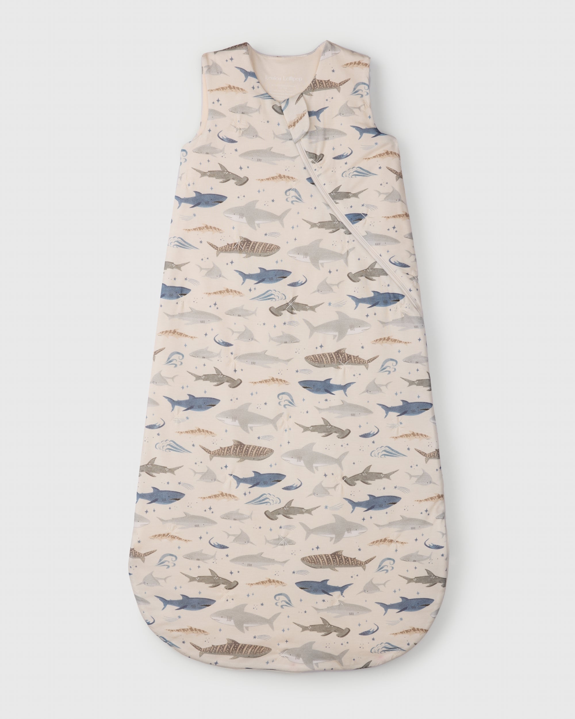 Loulou Lollipop TENCEL 1.0 TOG baby sleep bag in Smiley Sharks — front view on white background