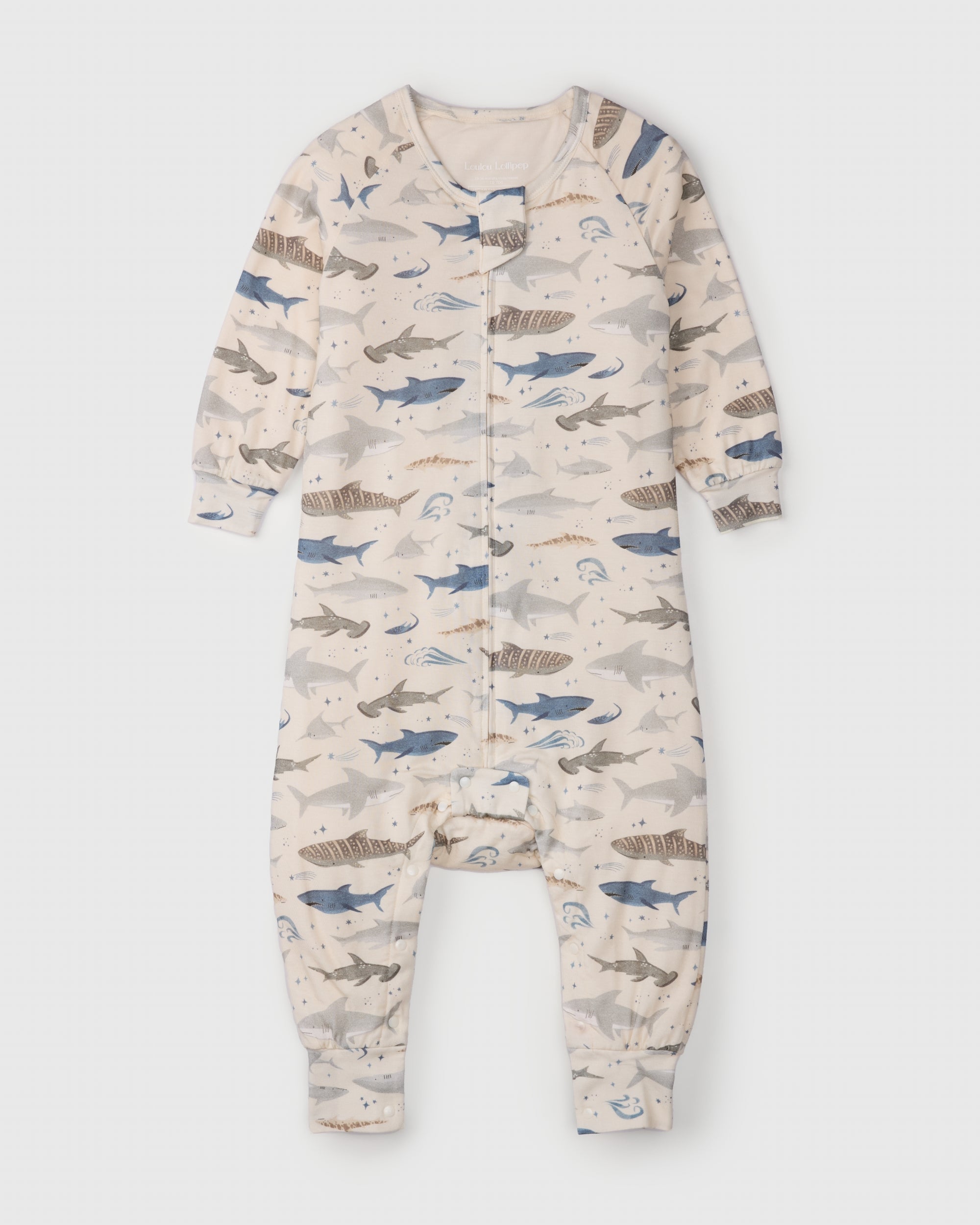Loulou Lollipop Sleepsuit 1.0 TOG in Smiley Sharks — front view on white background