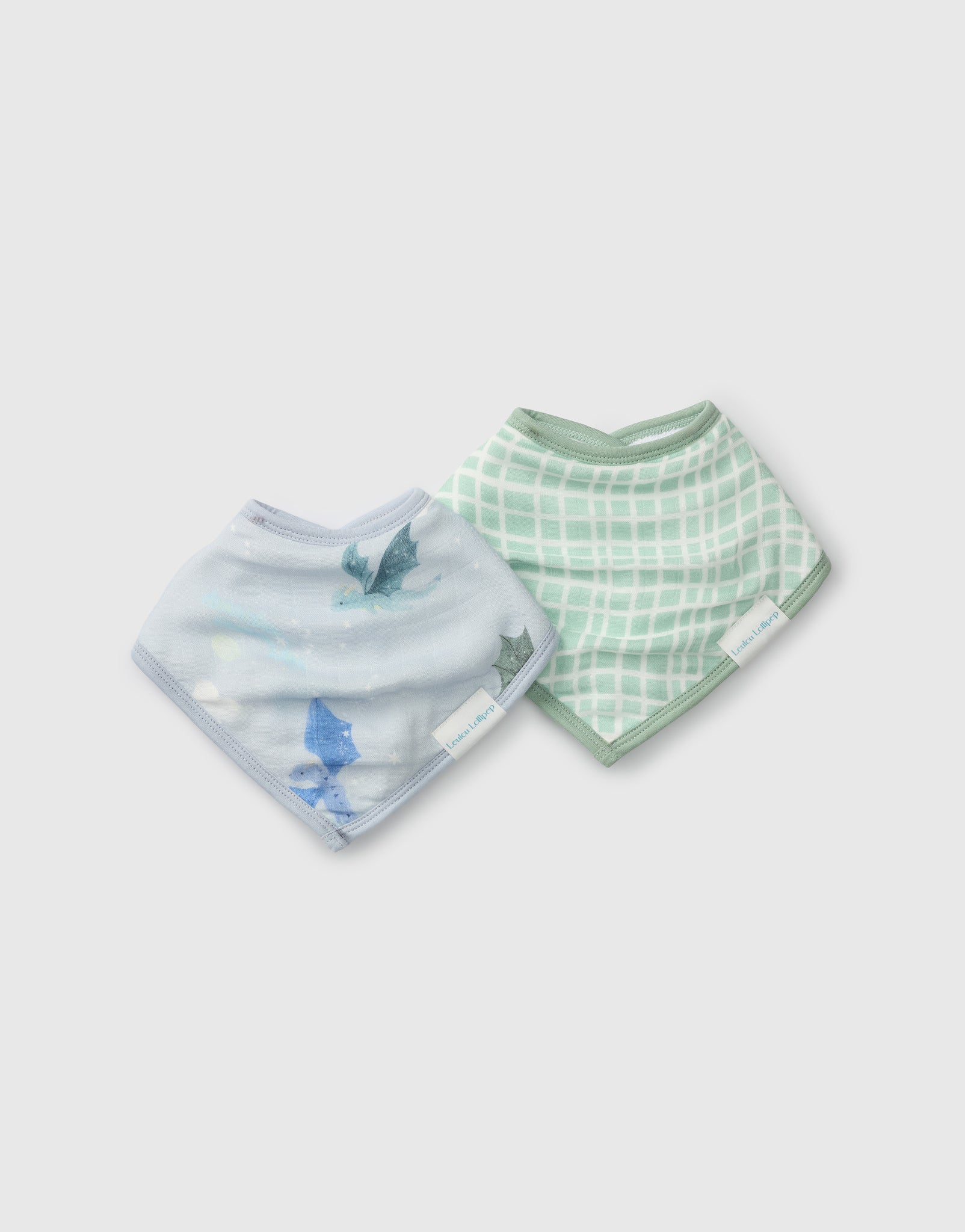 Loulou Lollipop bandana bib set 2-pack in Magical Dragons — front view on white background