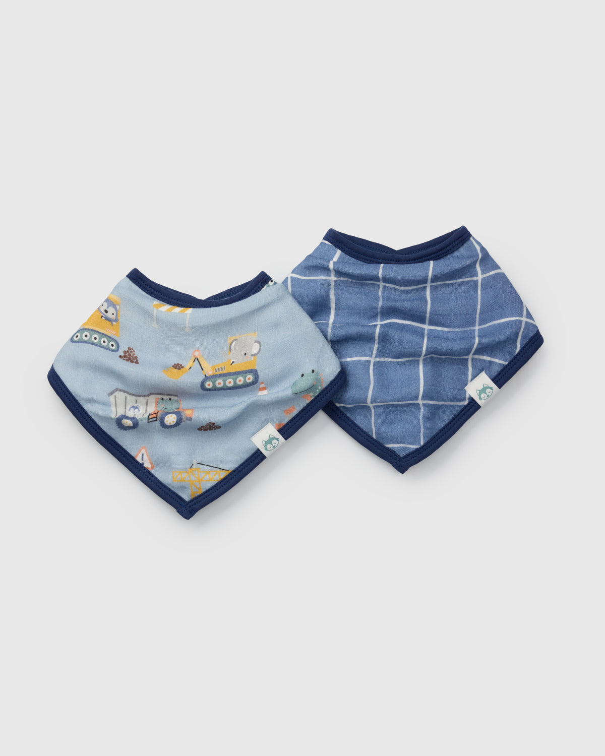 Loulou Lollipop bandana bib set 2-pack in Tiny Engineers — front view on white background