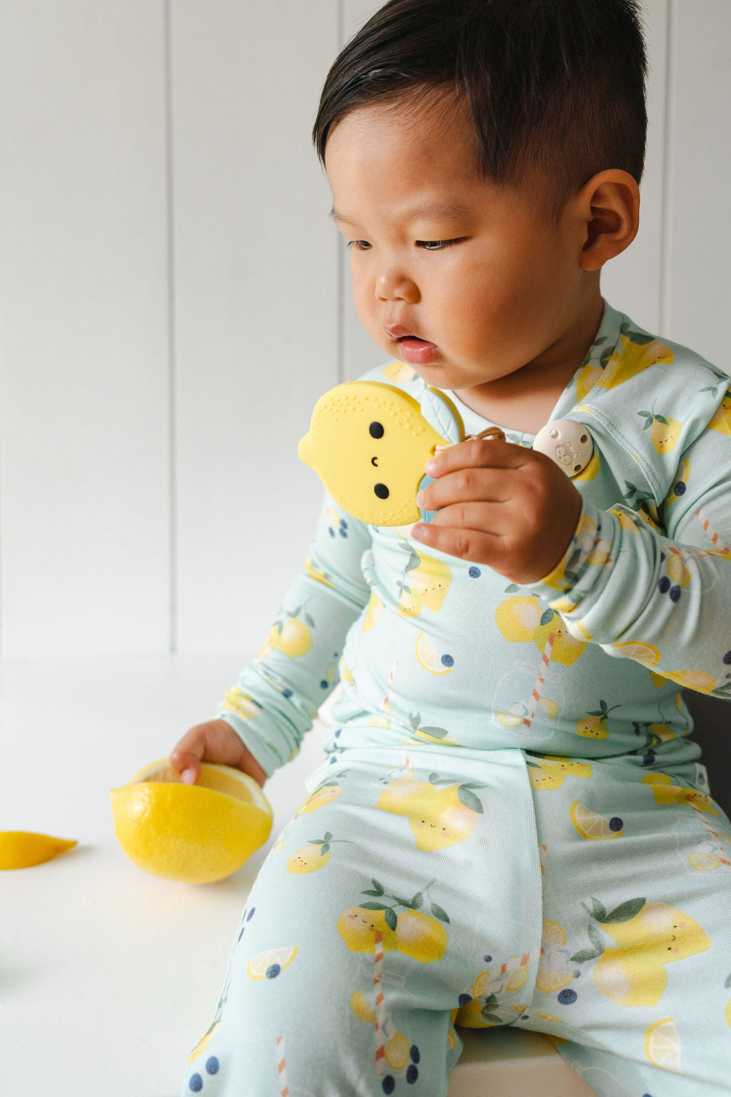 Baby Pajama + Silicone Teether in Lemon Squeezy