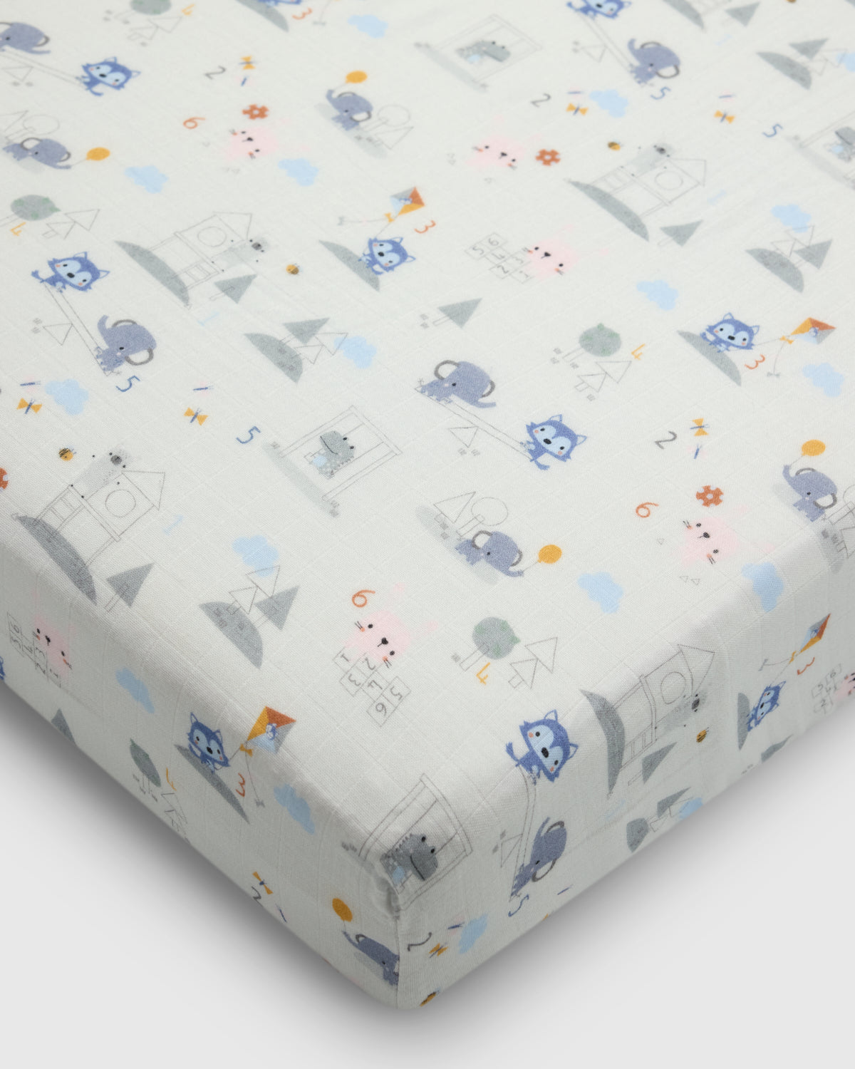 Loulou Lollipop muslin fitted crib sheet in Mini Mathletes for US standard crib — front view on white background