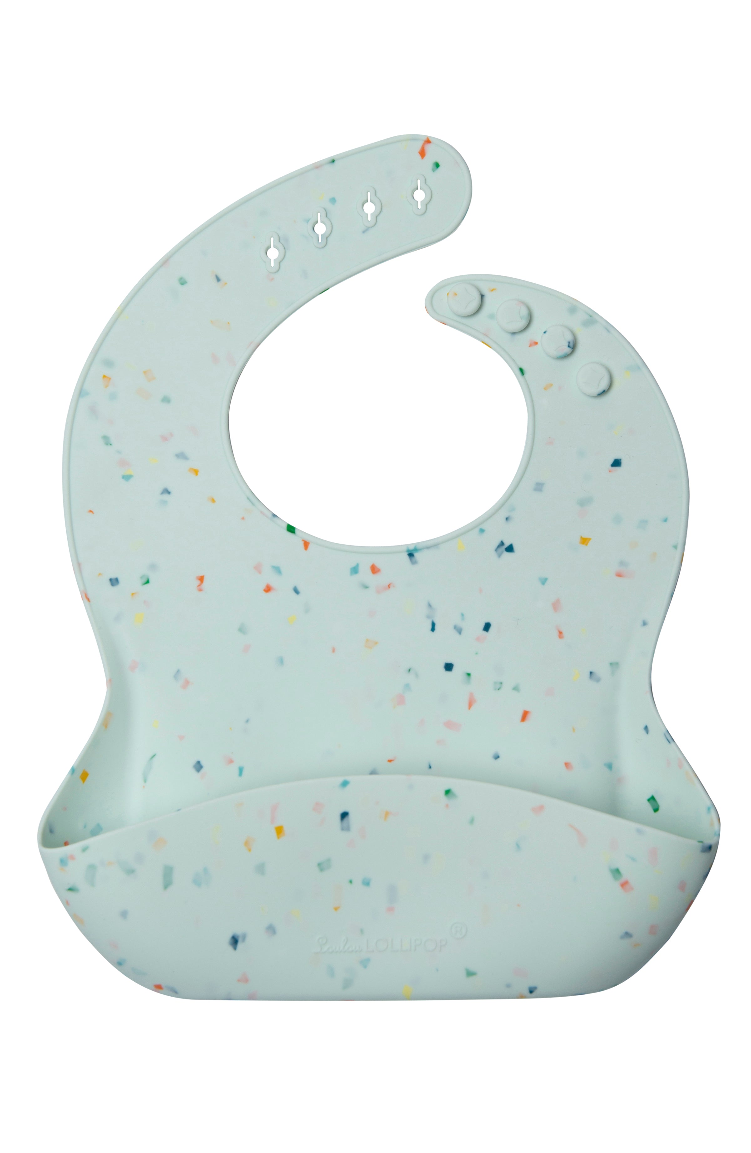 Loulou Lollipop FDA-compliant food-grade silicone baby bib in Confetti Mint — front view on white background