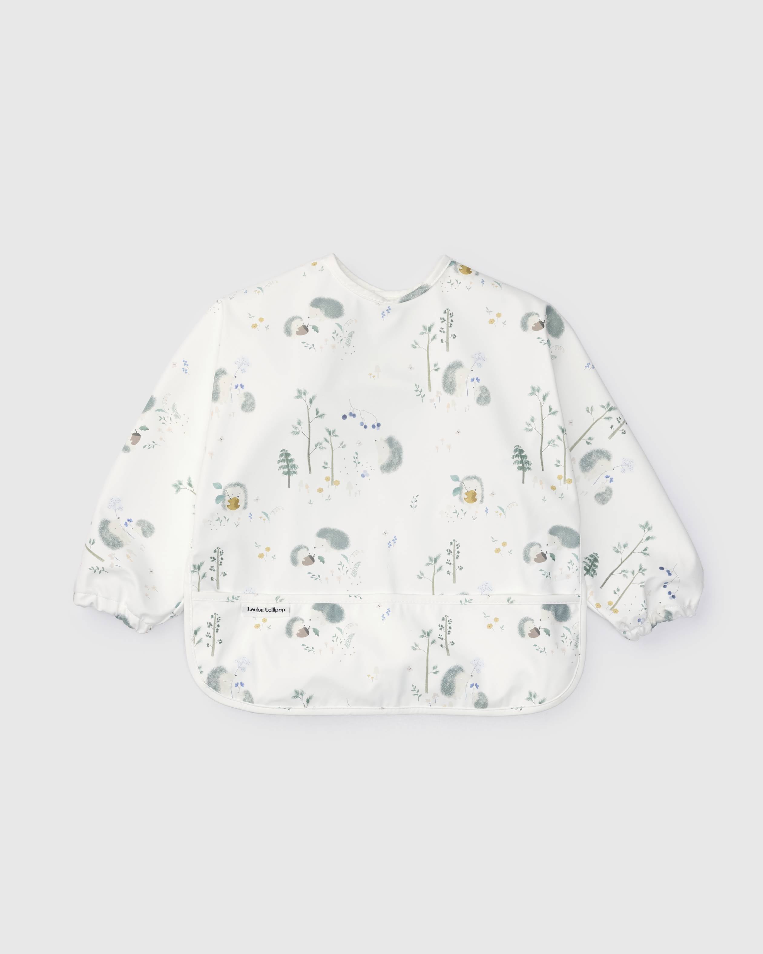 Loulou Lollipop Long Sleeve Bib in Hedgehogs — front view on white background