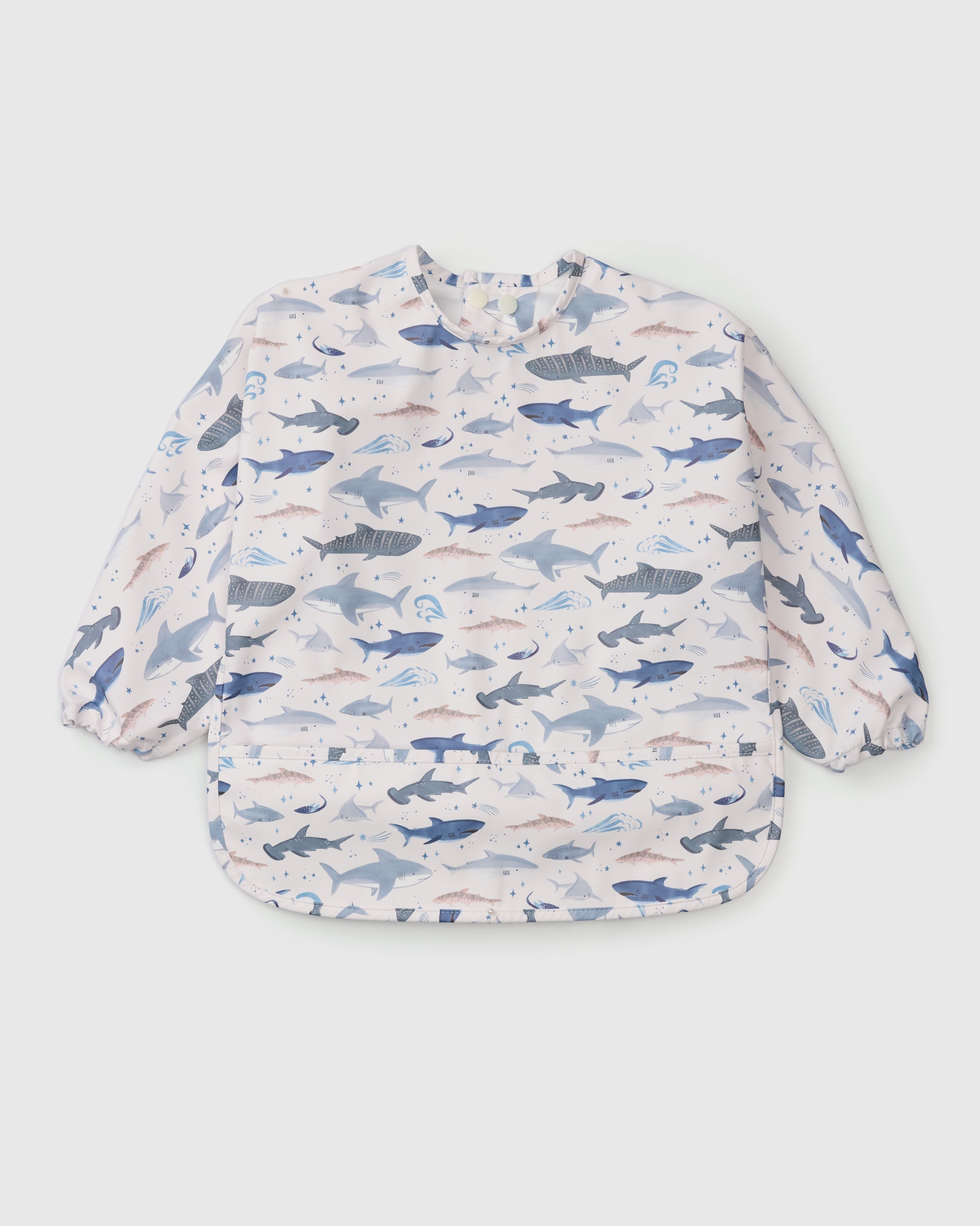 Loulou Lollipop Long Sleeve Bib in Smiley Sharks — front view on white background