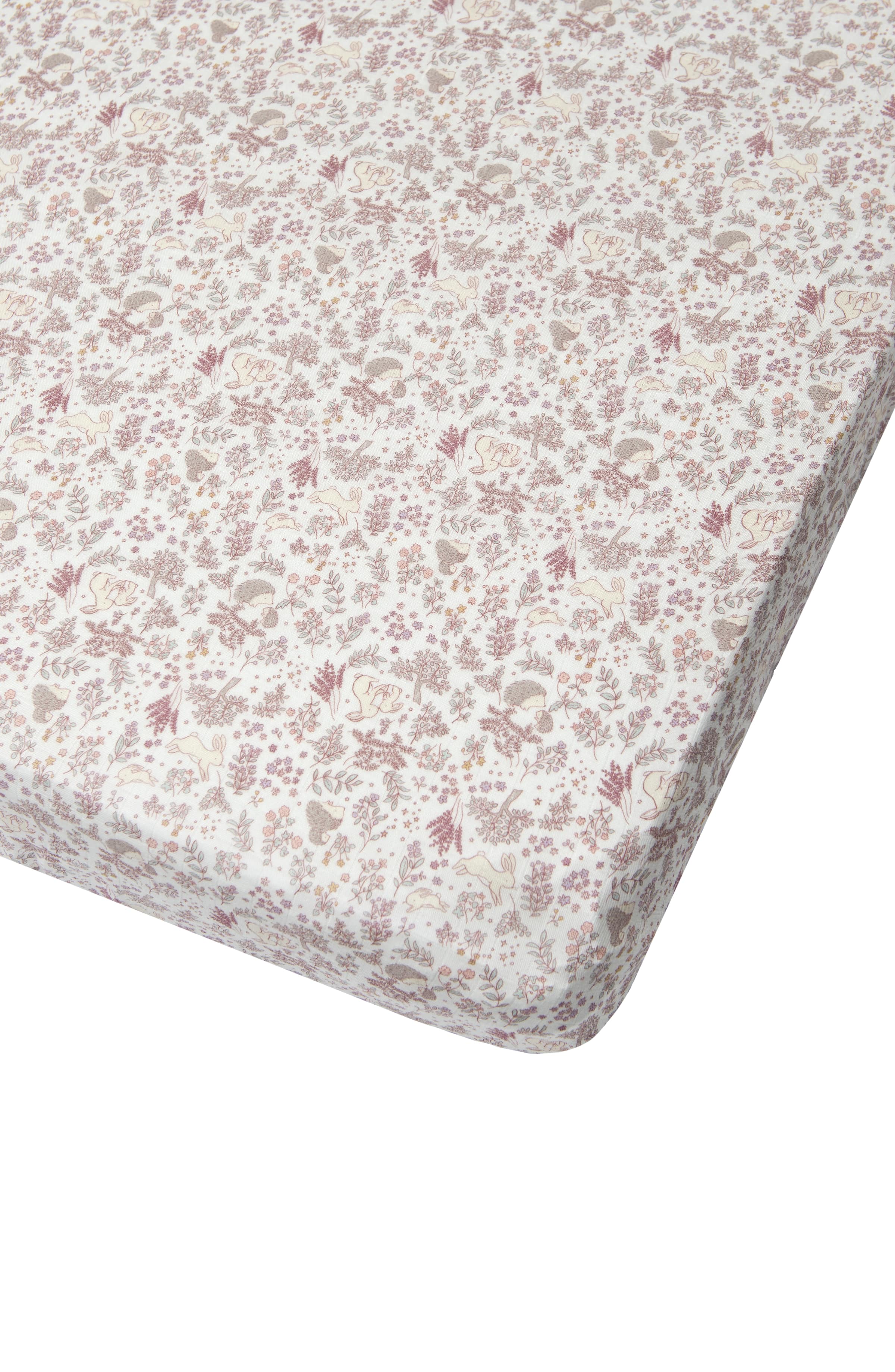 Loulou Lollipop muslin fitted crib sheet in Hedgehog Forest for US standard crib — front view on white background