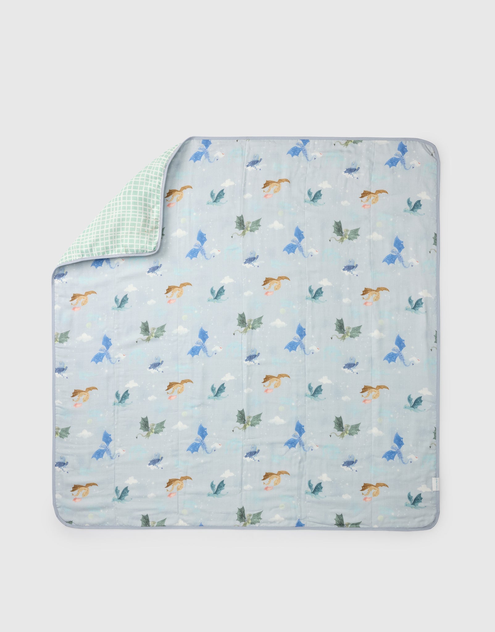Loulou Lollipop muslin baby quilt blanket in Magical Dragons — front view on white background