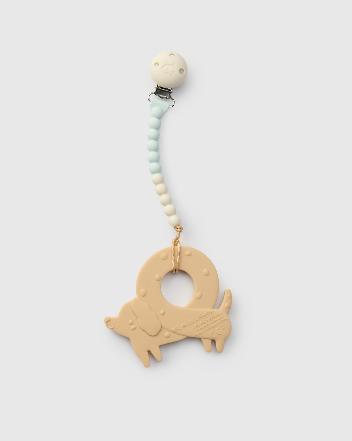 Teething toy with dog design and colorful strap on a white background