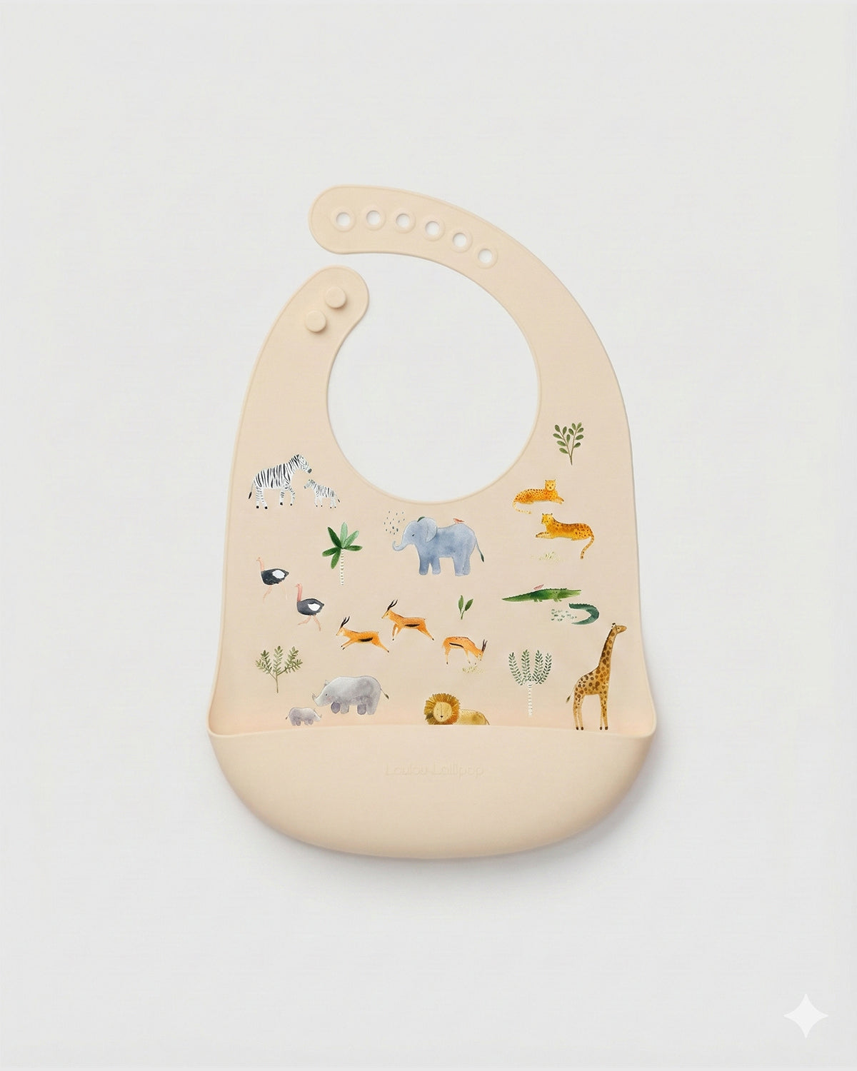 Loulou Lollipop FDA-compliant food-grade silicone baby bib in Safari Jungle — front view on white background
