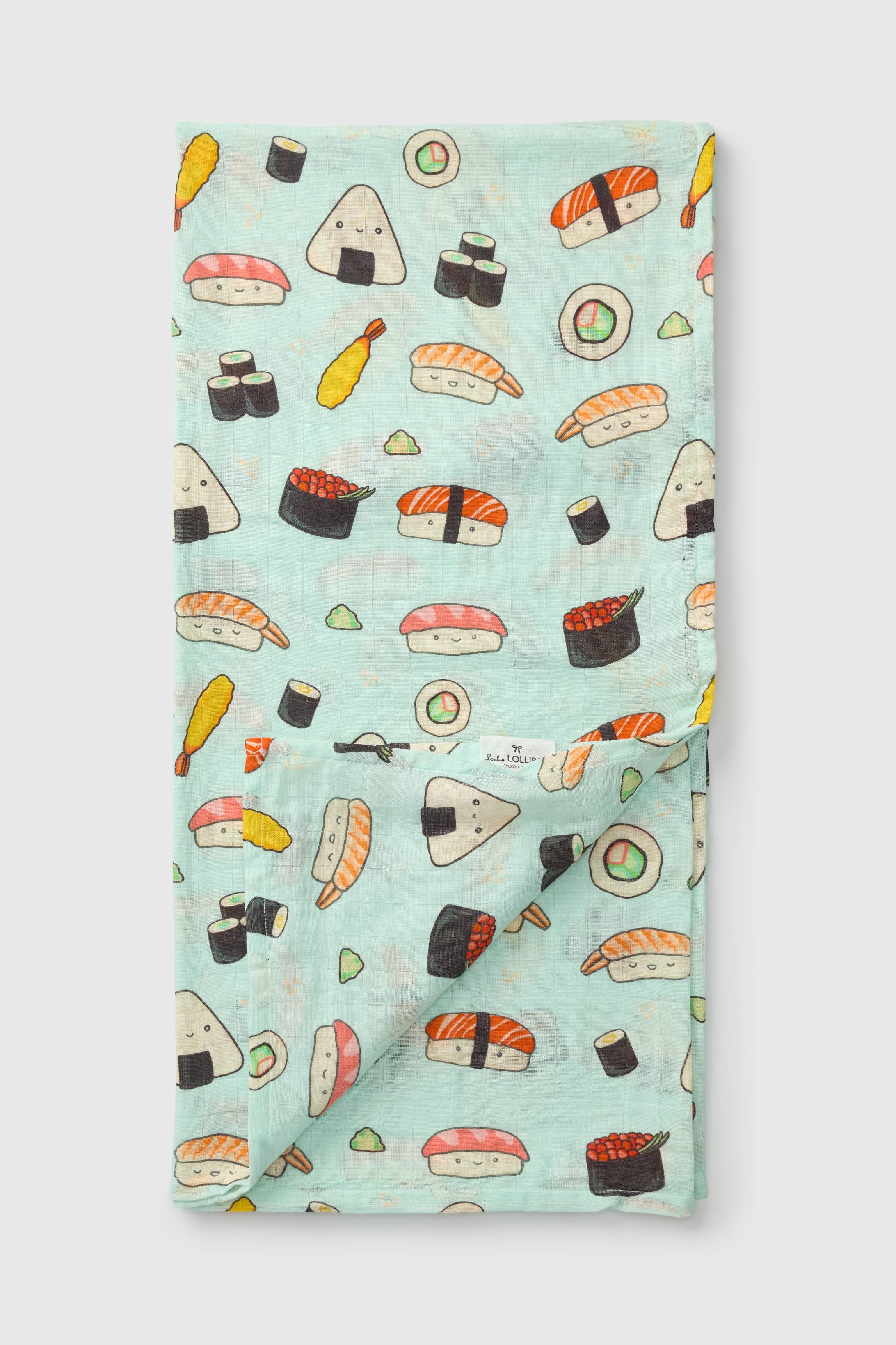 Loulou Lollipop bamboo cotton muslin swaddle blanket in Sushi — front view on white background