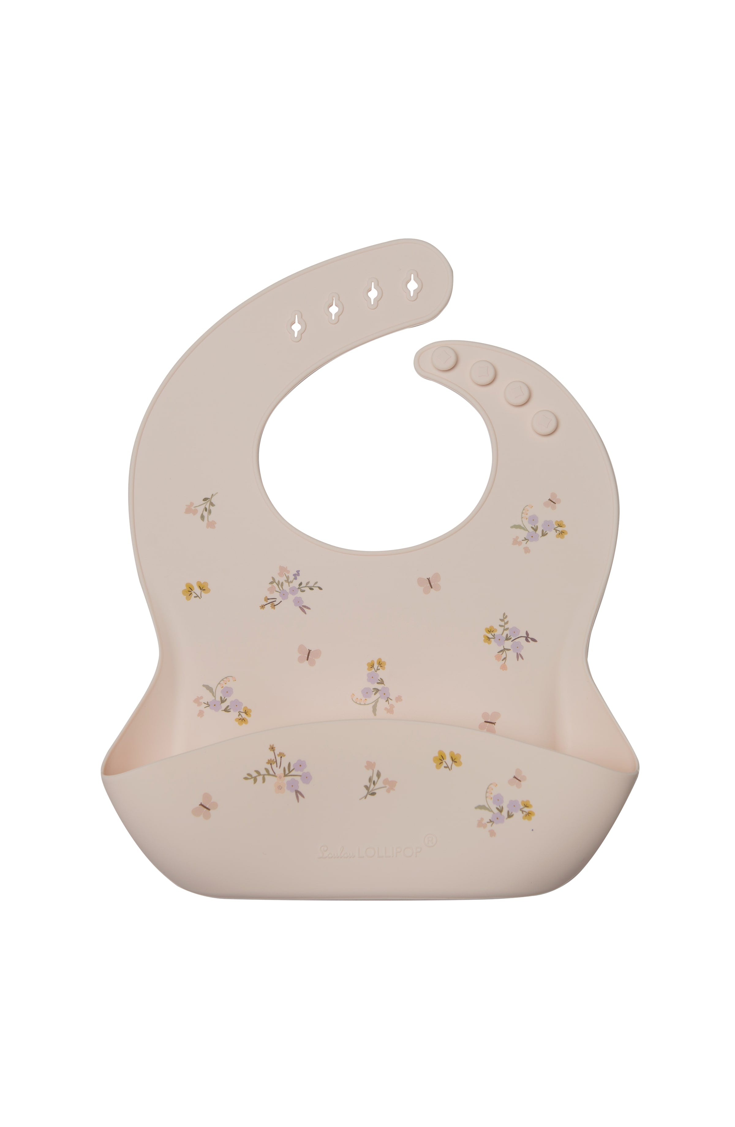 Loulou Lollipop FDA-compliant food-grade silicone baby bib in Ditsy Floral — front view on white background