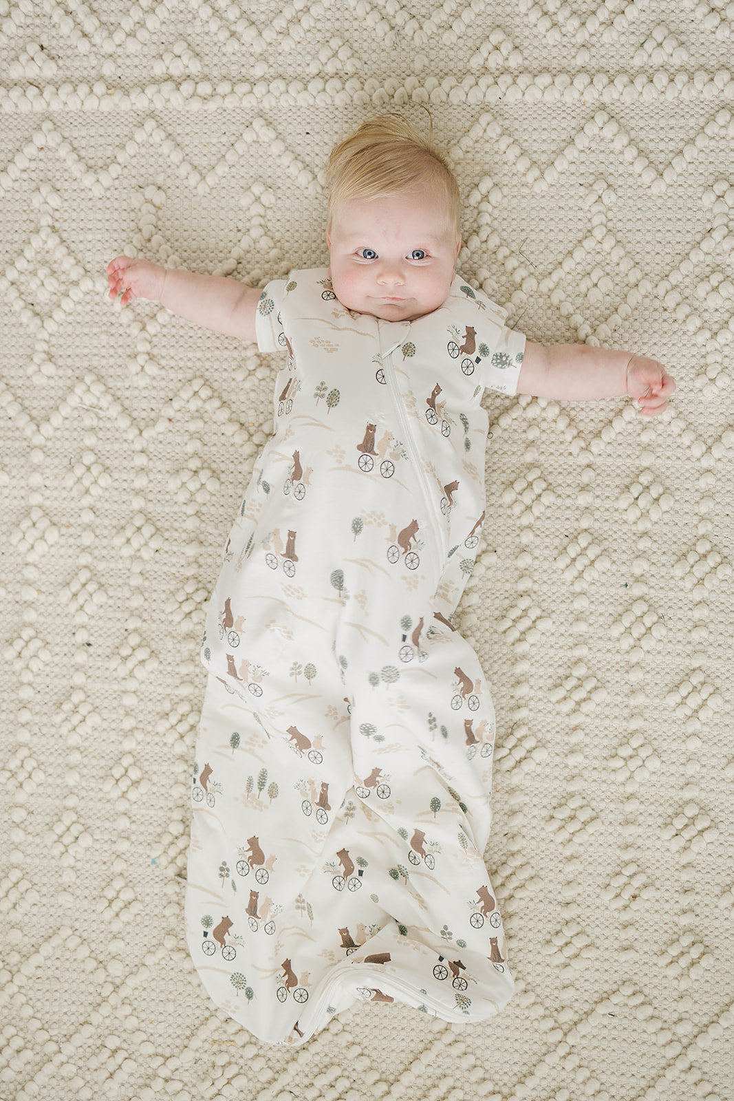 Loulou Lollipop TENCEL 1.0 TOG baby sleep bag in Bears on Bikes — front view on white background