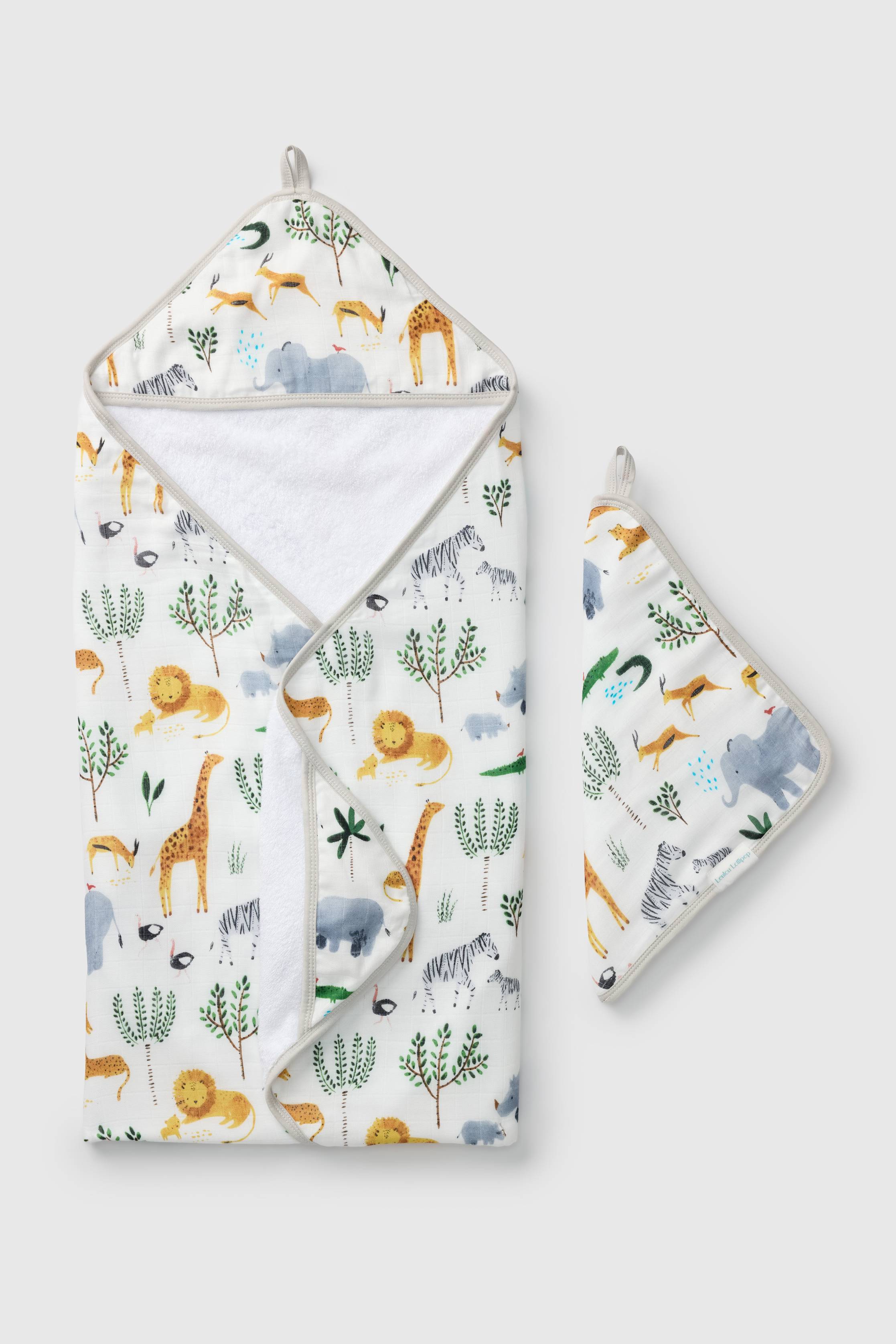 Loulou Lollipop hooded baby towel set in Safari Jungle — front view on white background
